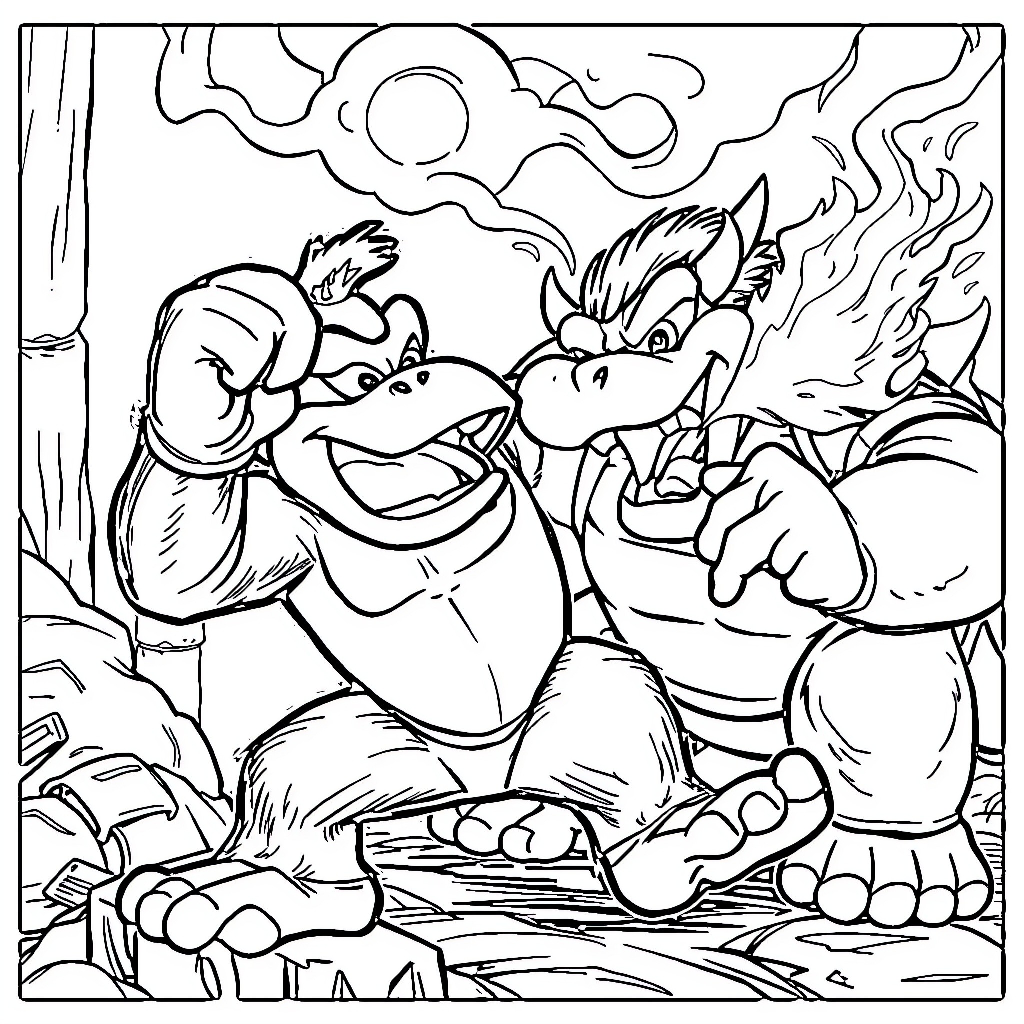 Donkey Kong and Diddy Kong in a jungle scene Coloring Page (free black-and-white line drawing printable PDF for all, from beginners to advanced learners, including children, teens, adults, and seniors)