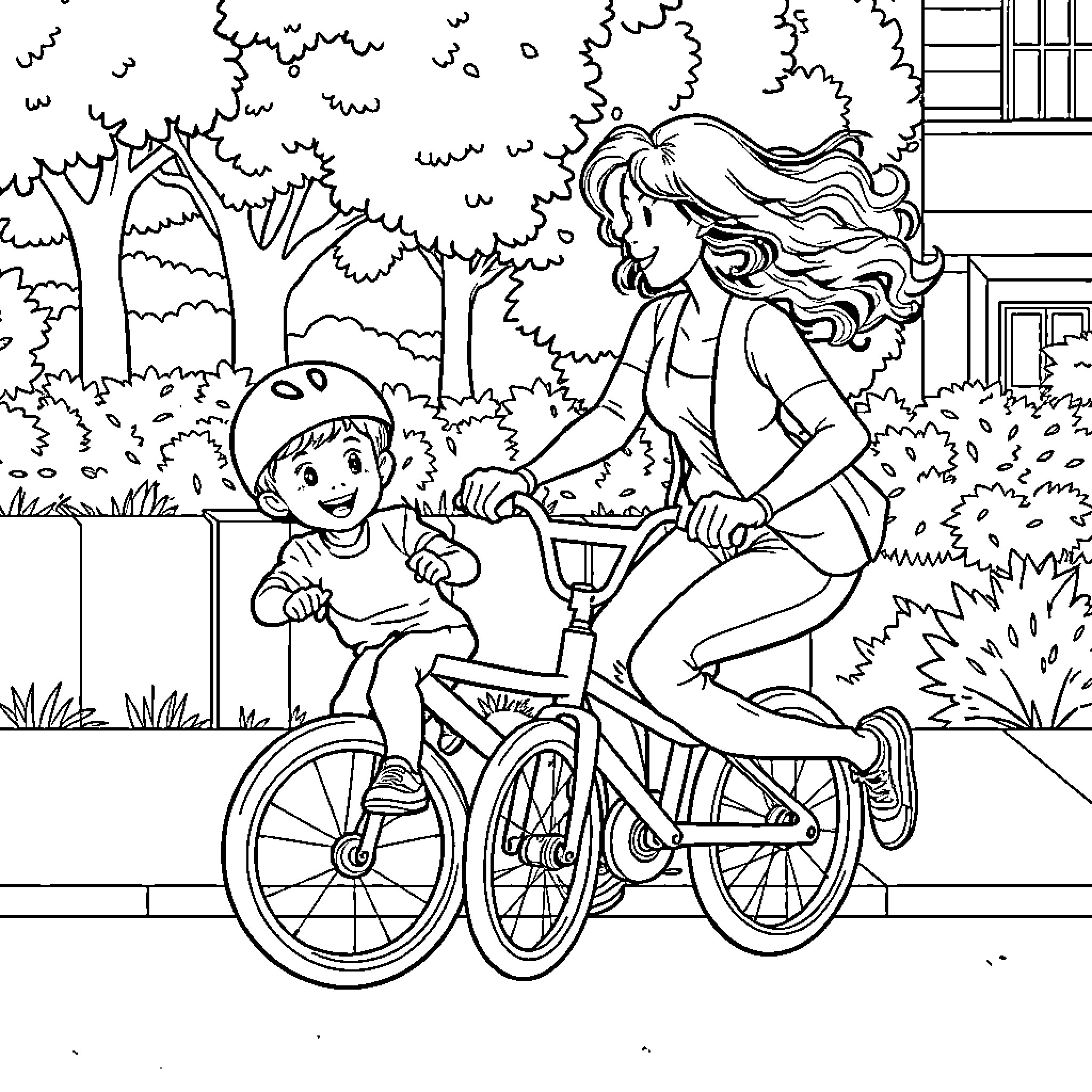 Boy and woman riding bicycles in park Coloring Page (free black-and-white line drawing printable PDF for all, from beginners to advanced learners, including children, teens, adults, and seniors)