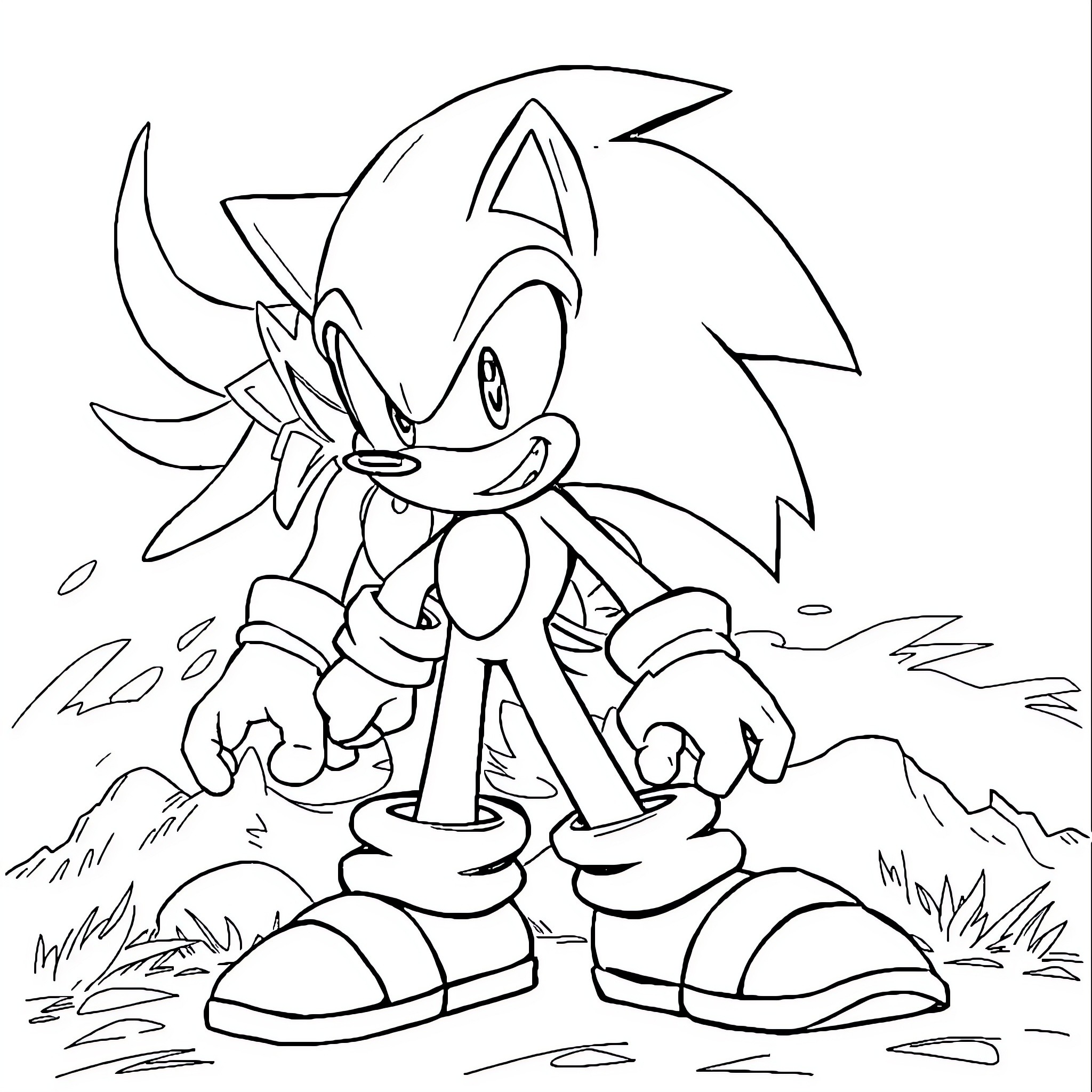 Sonic the Hedgehog in an outdoor adventure Coloring Page (free black-and-white line drawing printable PDF for all, from beginners to advanced learners, including children, teens, adults, and seniors)