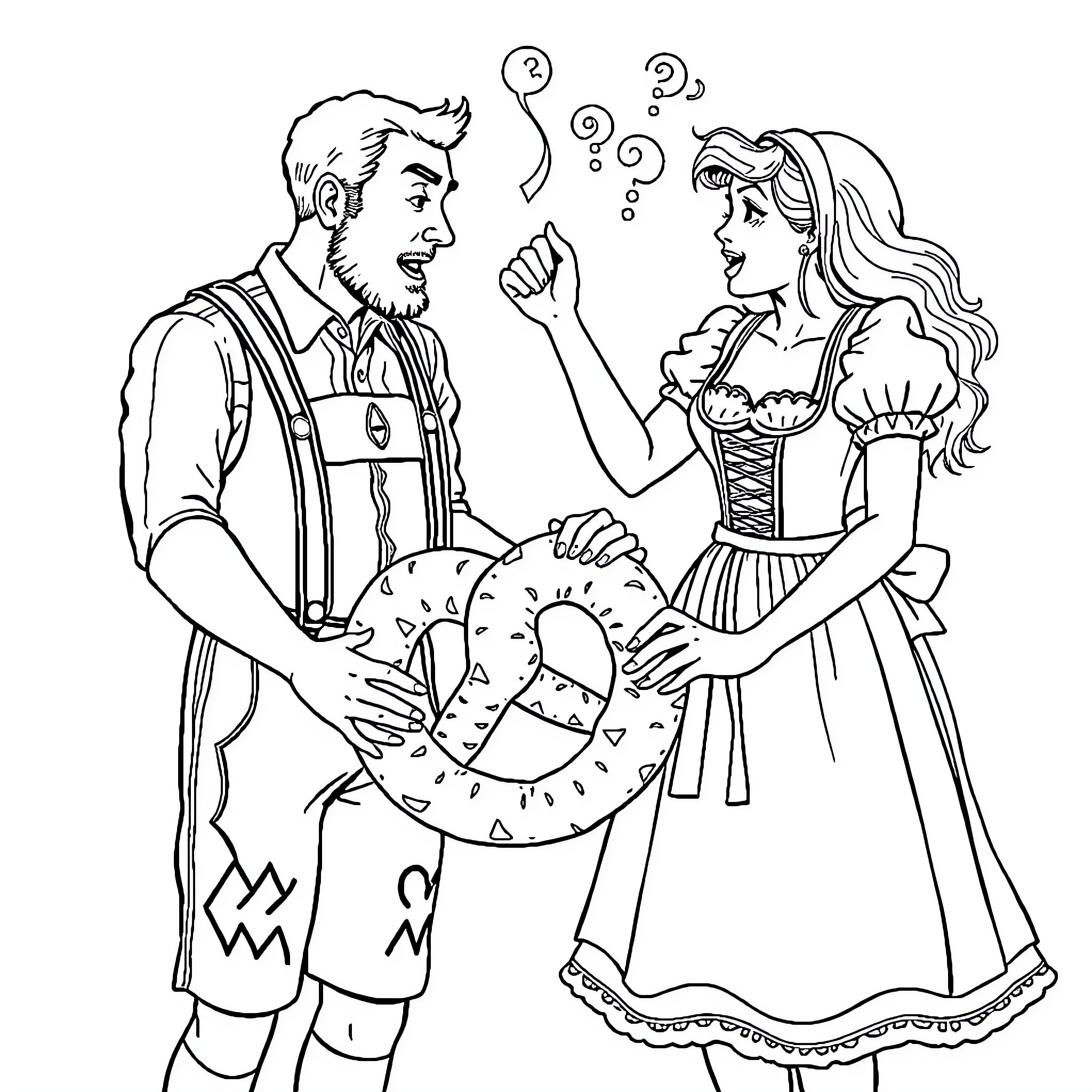 Man and Woman Engaged in Festive Discussion Coloring Page (free black-and-white line drawing printable PDF for all, from beginners to advanced learners, including children, teens, adults, and seniors)