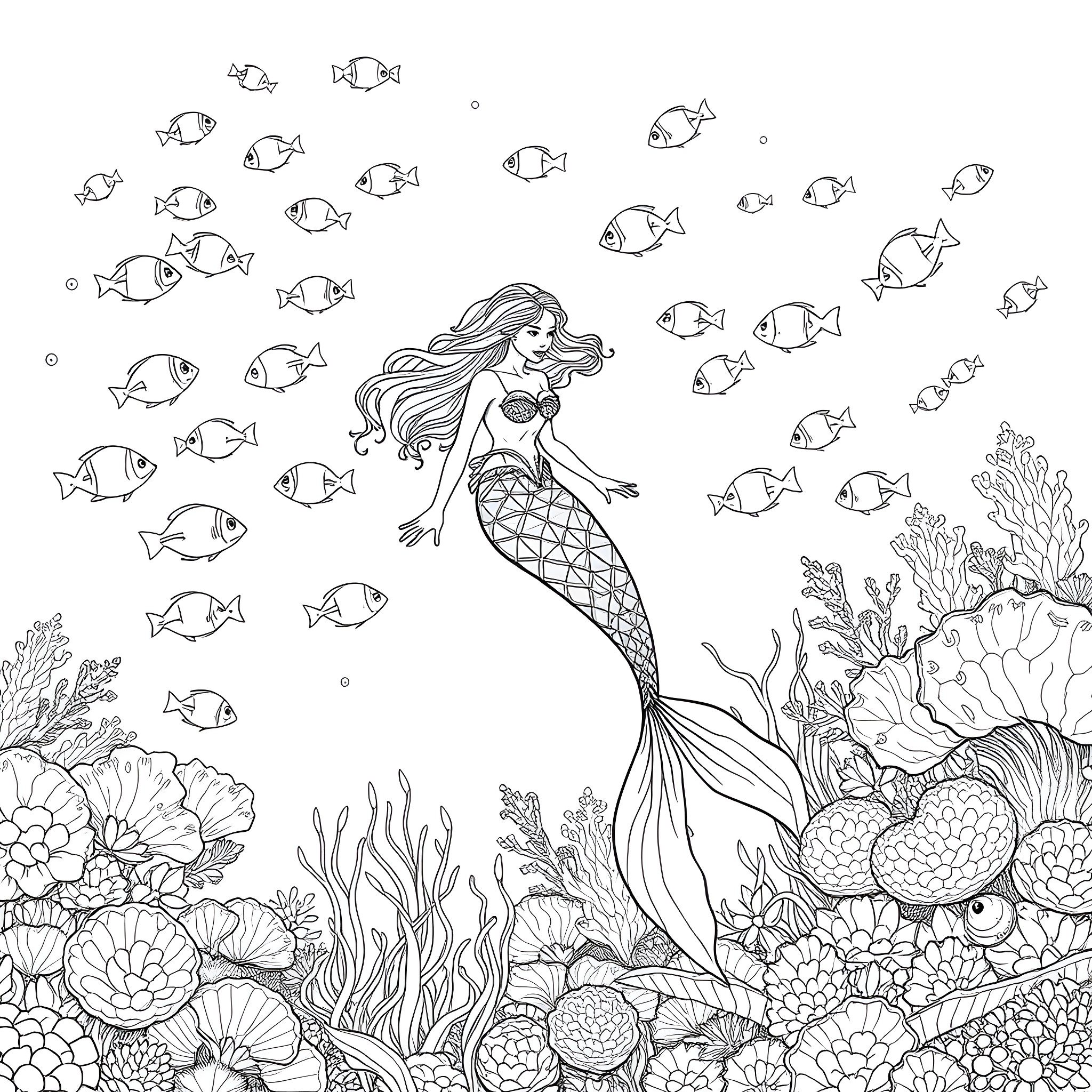 Mermaid swimming among vibrant oceanic flora and fauna Coloring Page (free black-and-white line drawing printable PDF for all, from beginners to advanced learners, including children, teens, adults, and seniors)