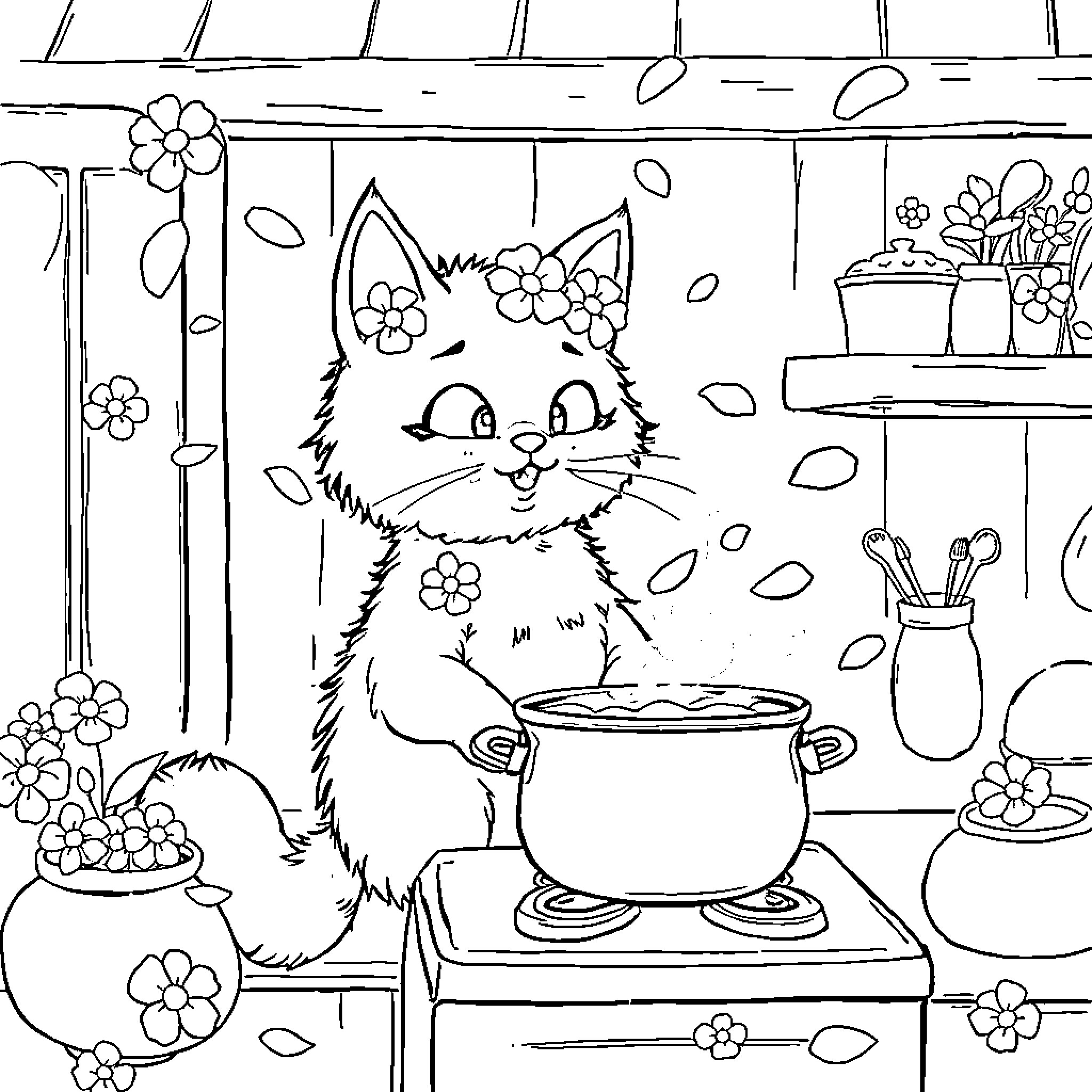 Cat in the Kitchen with Flowers Coloring Page (free black-and-white line drawing printable PDF for all, from beginners to advanced learners, including children, teens, adults, and seniors)