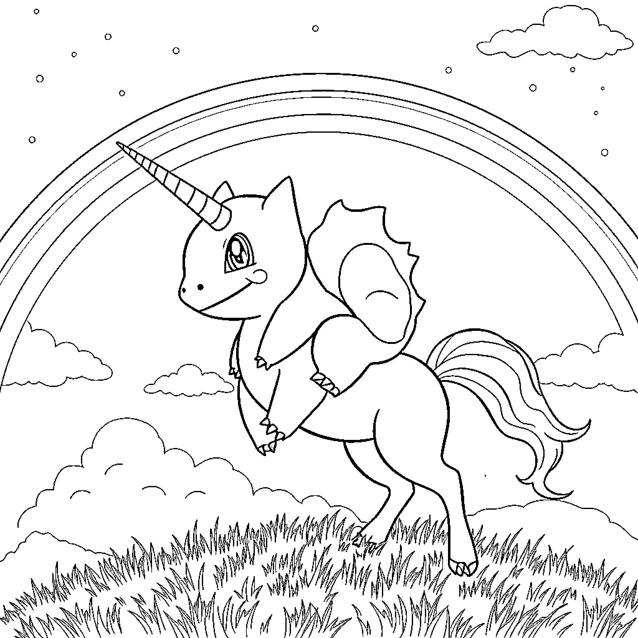 Bulbasaur playing happily in the meadow with rainbows Coloring Page (free black-and-white line drawing printable PDF for all, from beginners to advanced learners, including children, teens, adults, and seniors)