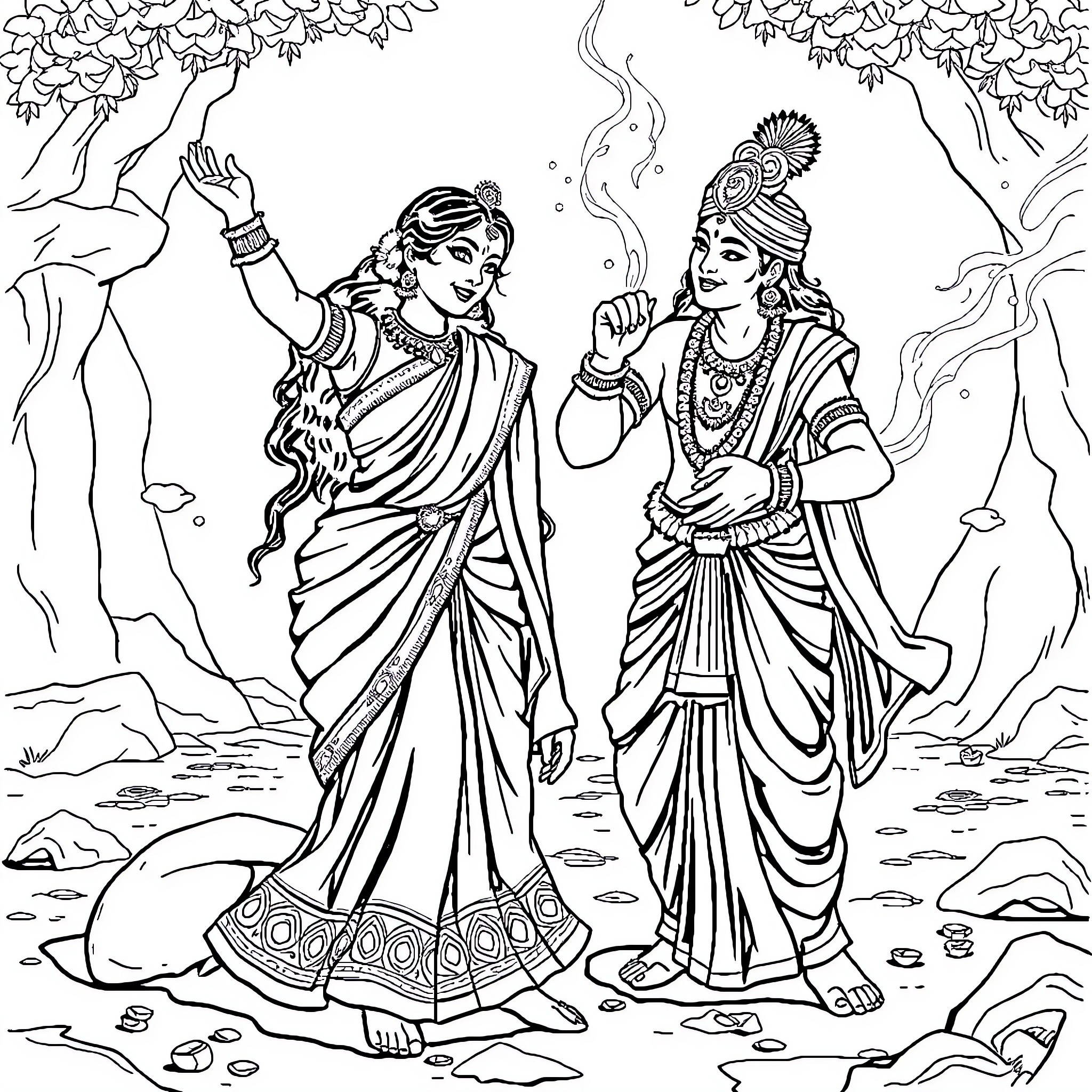 Draupadi and Krishna walking in nature Coloring Page (free black-and-white line drawing printable PDF for all, from beginners to advanced learners, including children, teens, adults, and seniors)