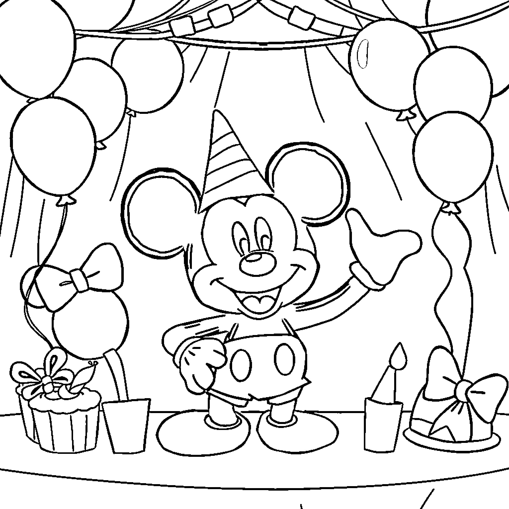 Mickey Mouse celebrates joyous birthday party Coloring Page (free black-and-white line drawing printable PDF for all, from beginners to advanced learners, including children, teens, adults, and seniors)