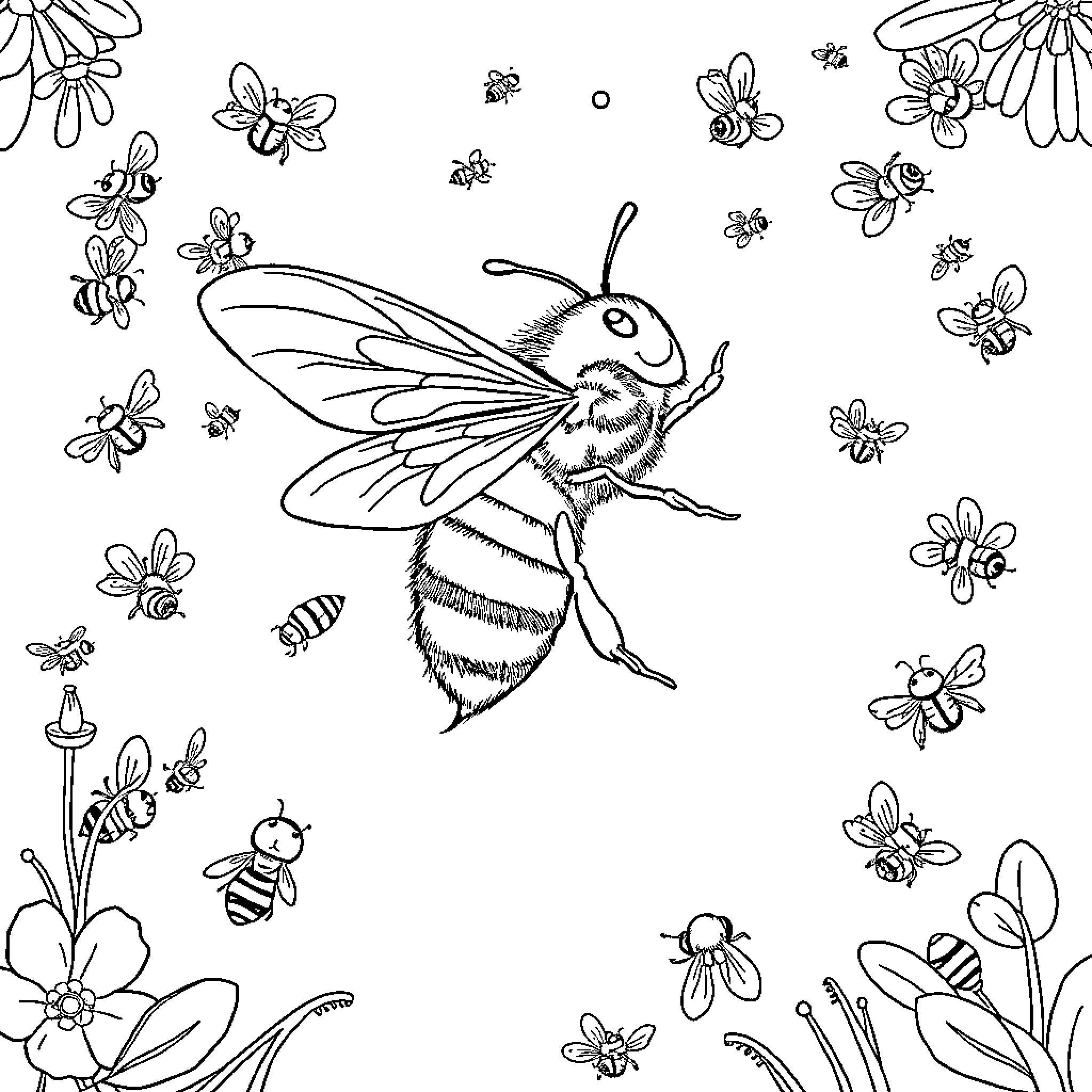 Honeybee surrounded by flowers and buzzing companions Coloring Page (free black-and-white line drawing printable PDF for all, from beginners to advanced learners, including children, teens, adults, and seniors)