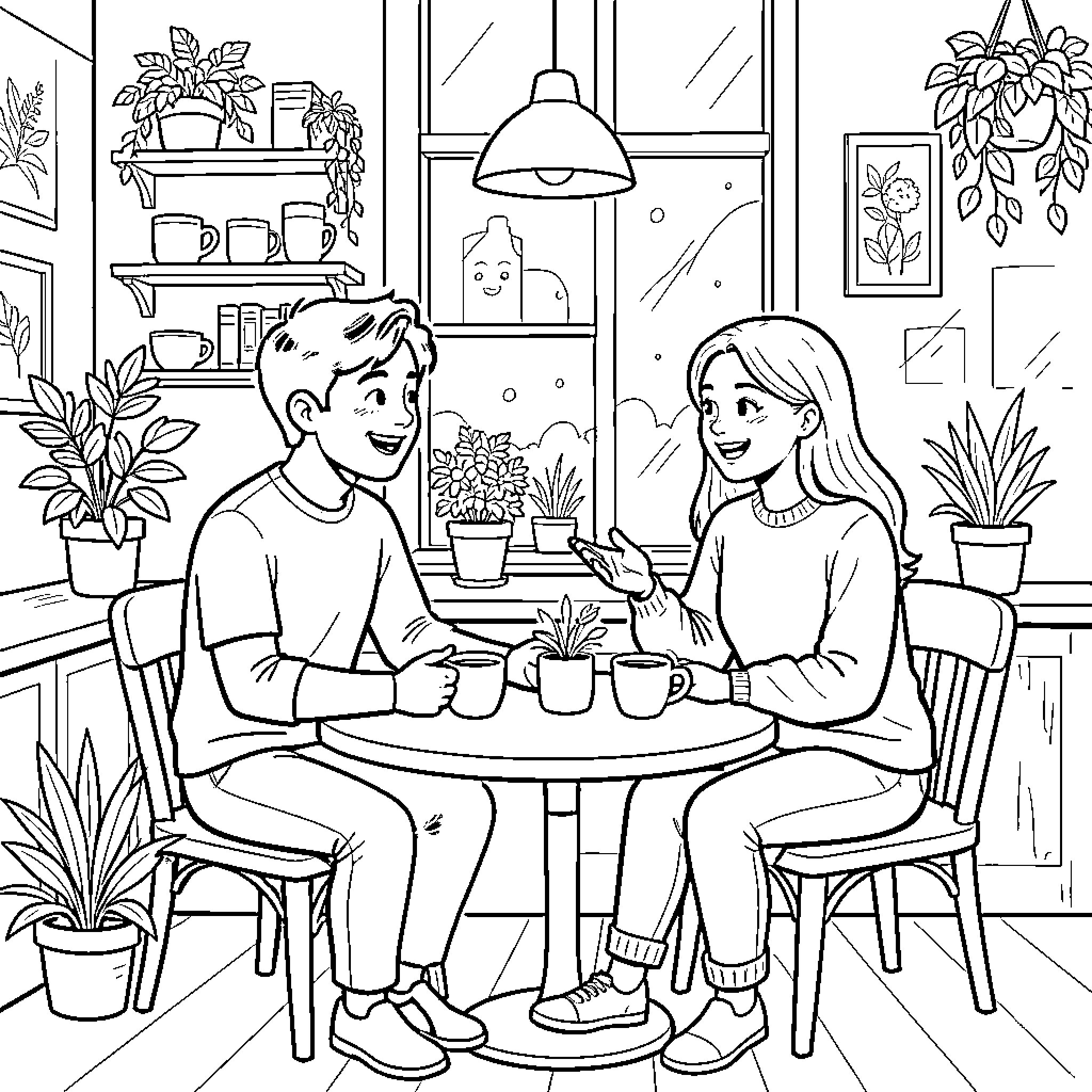 Cat Enjoying Cozy Indoor Scene with Friends Coloring Page (free black-and-white line drawing printable PDF for all, from beginners to advanced learners, including children, teens, adults, and seniors)