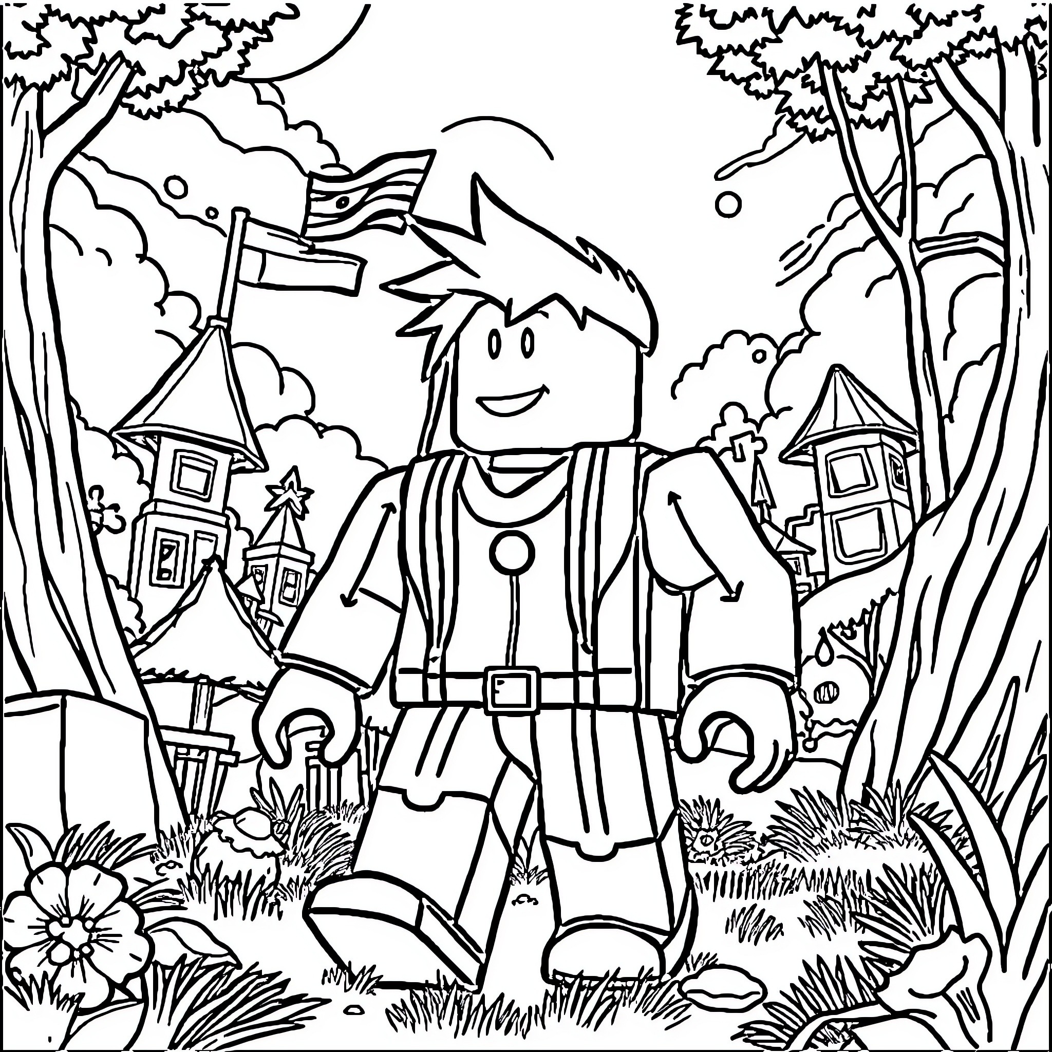 Roblox character exploring the enchanted forest Coloring Page (free black-and-white line drawing printable PDF for all, from beginners to advanced learners, including children, teens, adults, and seniors)