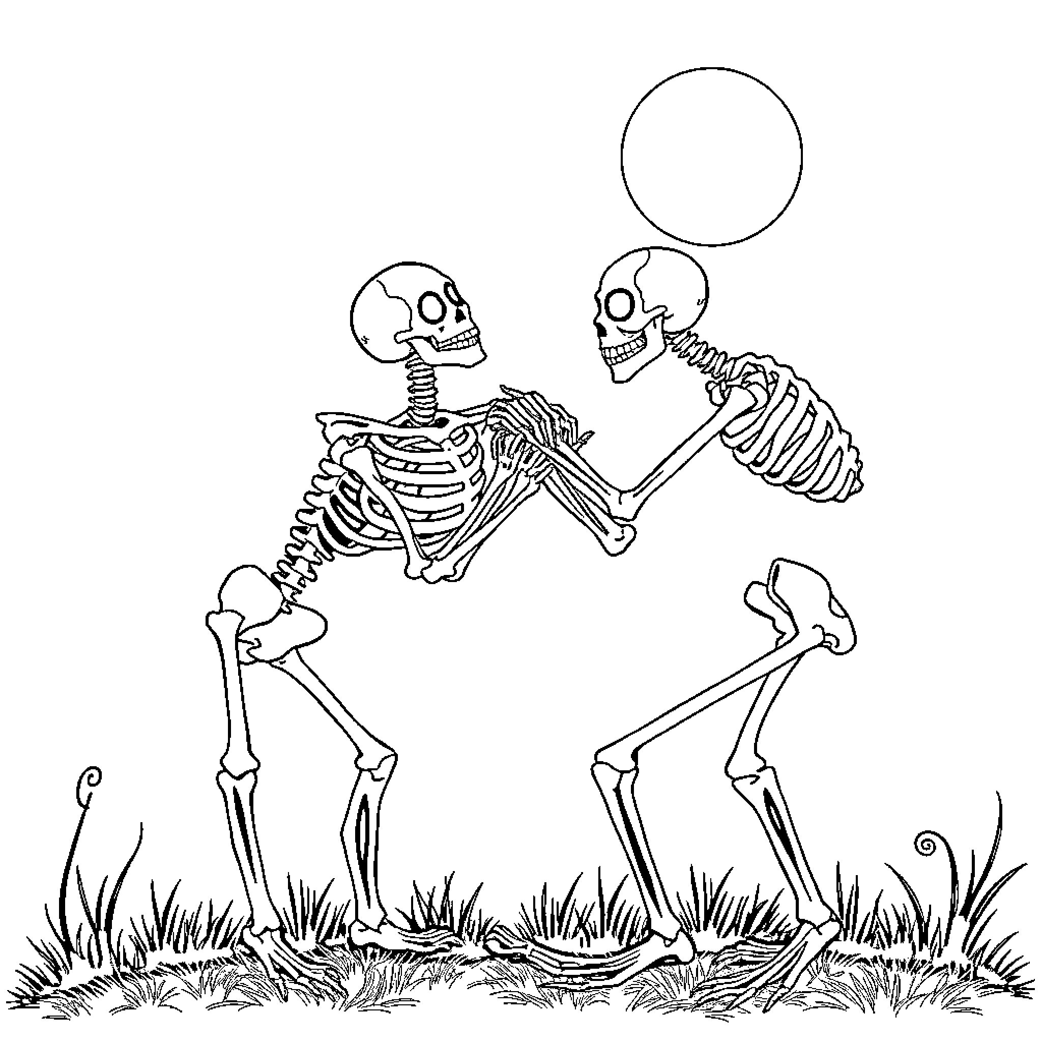 Skeleton friends dancing together in a field Coloring Page (free black-and-white line drawing printable PDF for all, from beginners to advanced learners, including children, teens, adults, and seniors)