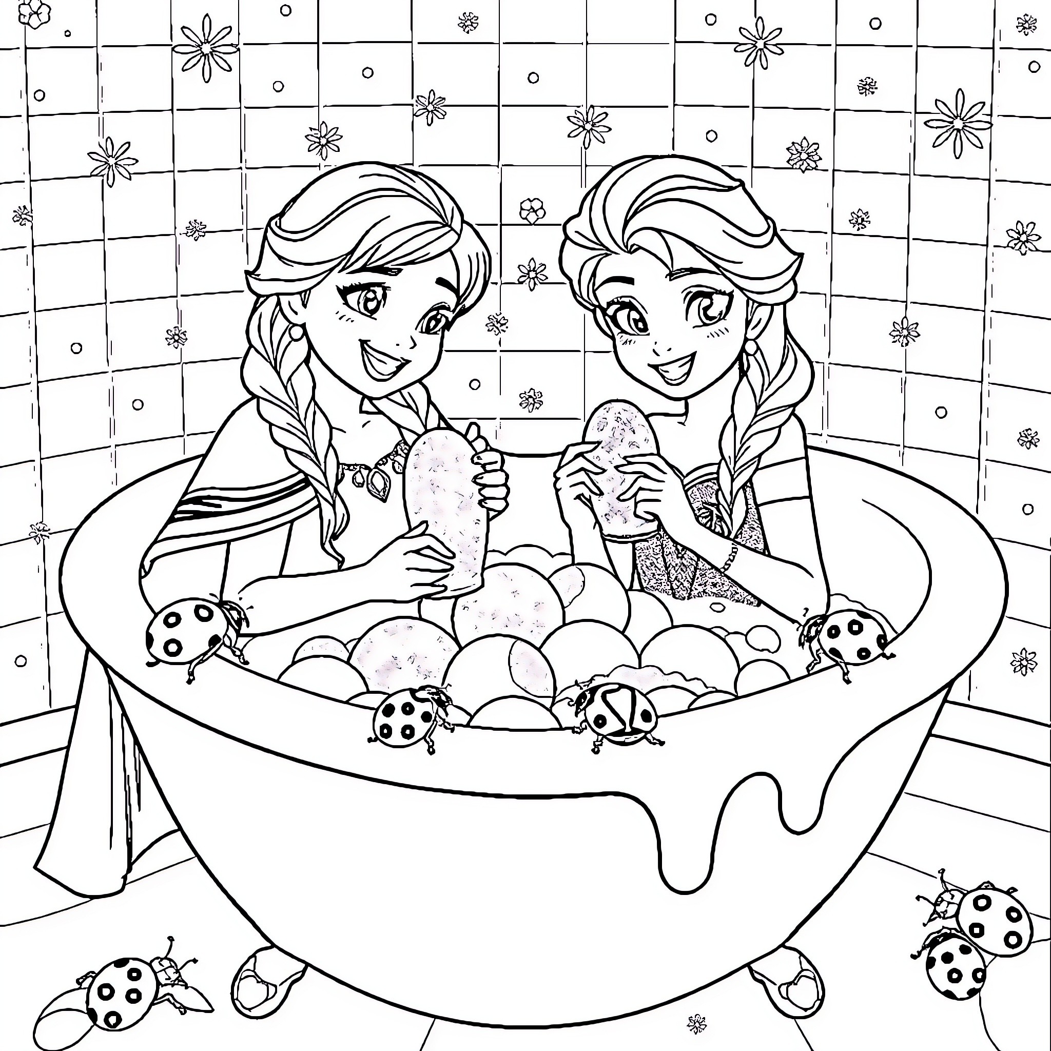 Anna and Elsa enjoying a relaxing spa day Coloring Page (free black-and-white line drawing printable PDF for all, from beginners to advanced learners, including children, teens, adults, and seniors)