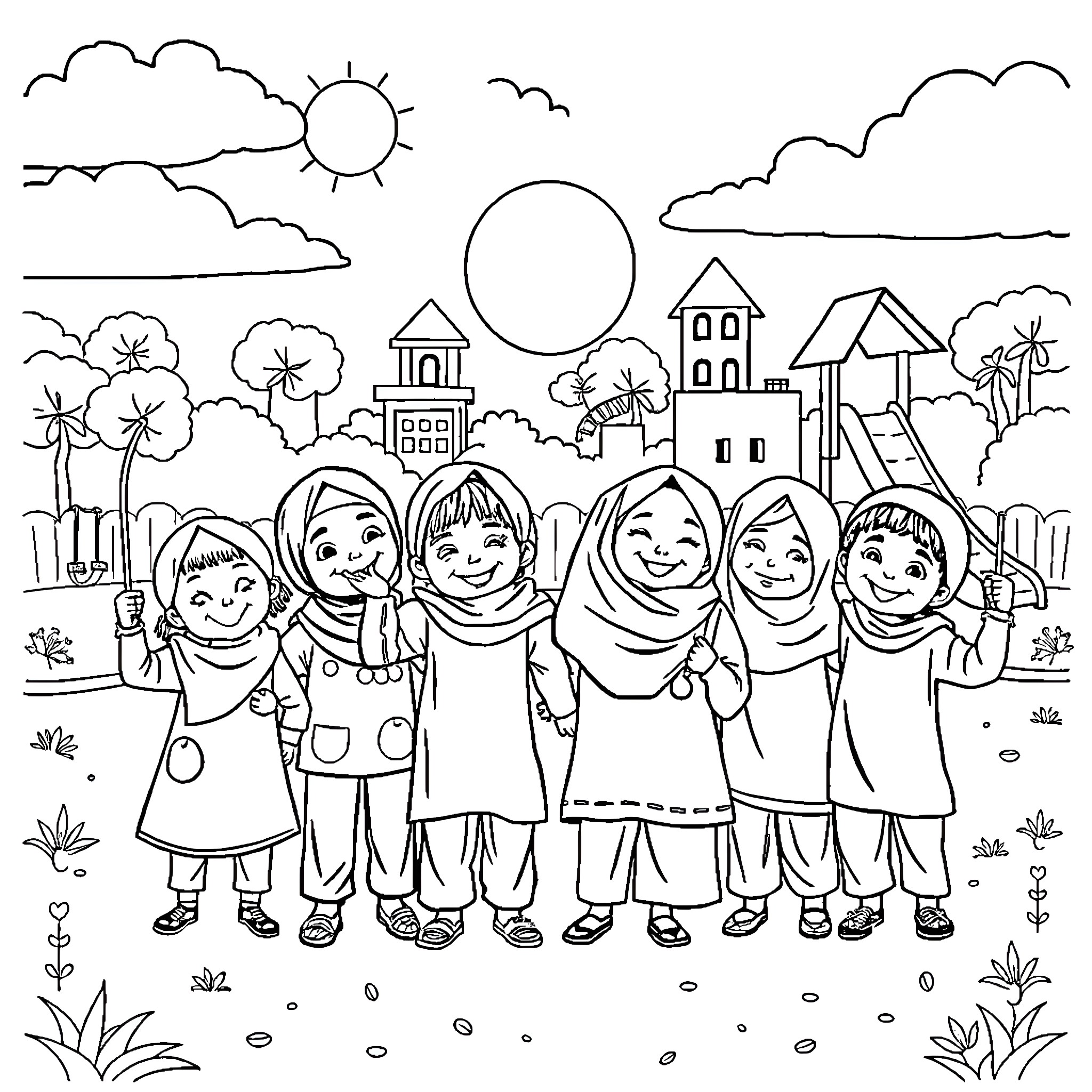 Kid friends playing and exploring in nature Coloring Page (free black-and-white line drawing printable PDF for all, from beginners to advanced learners, including children, teens, adults, and seniors)