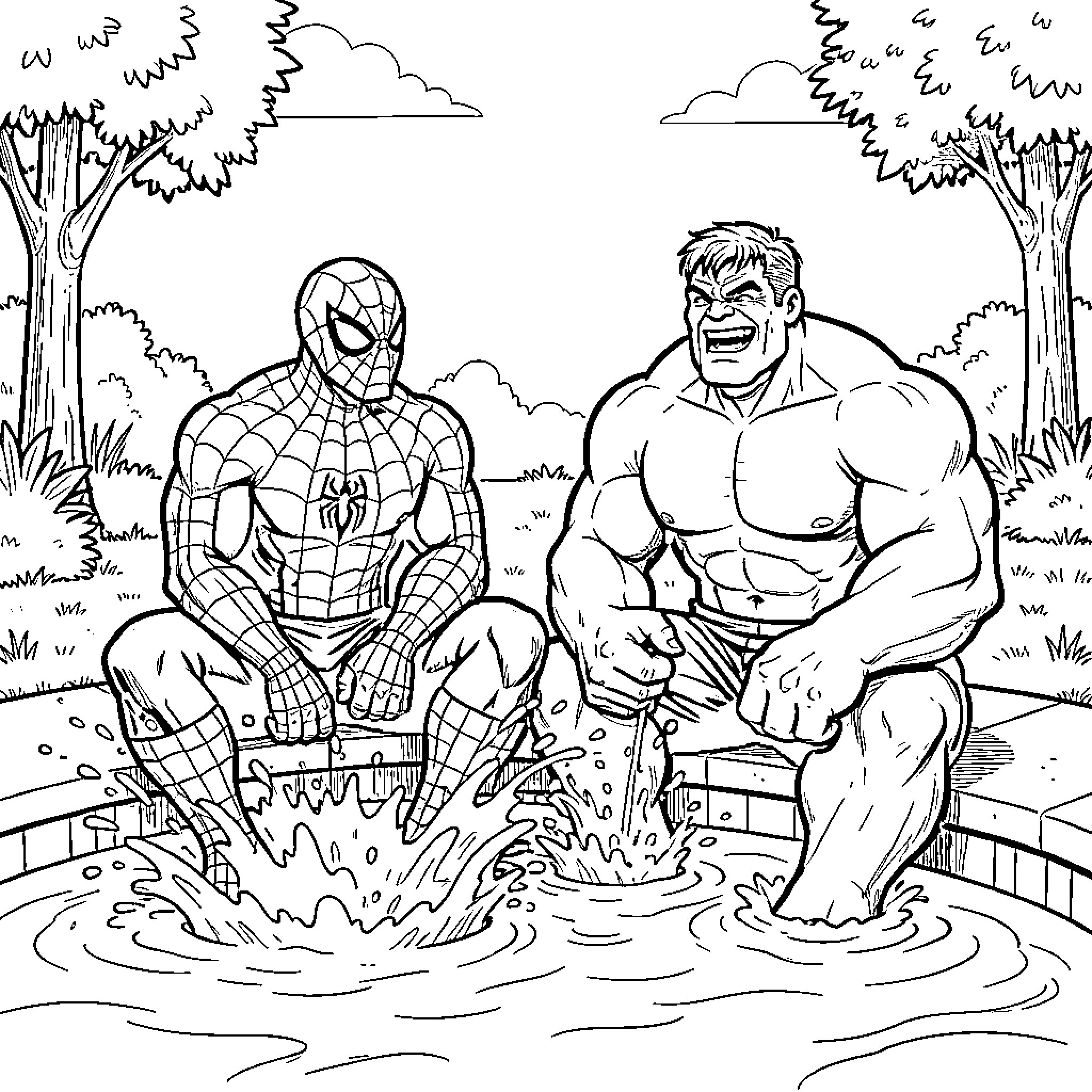 Spiderman and Hulk sitting by a pond Coloring Page (free black-and-white line drawing printable PDF for all, from beginners to advanced learners, including children, teens, adults, and seniors)