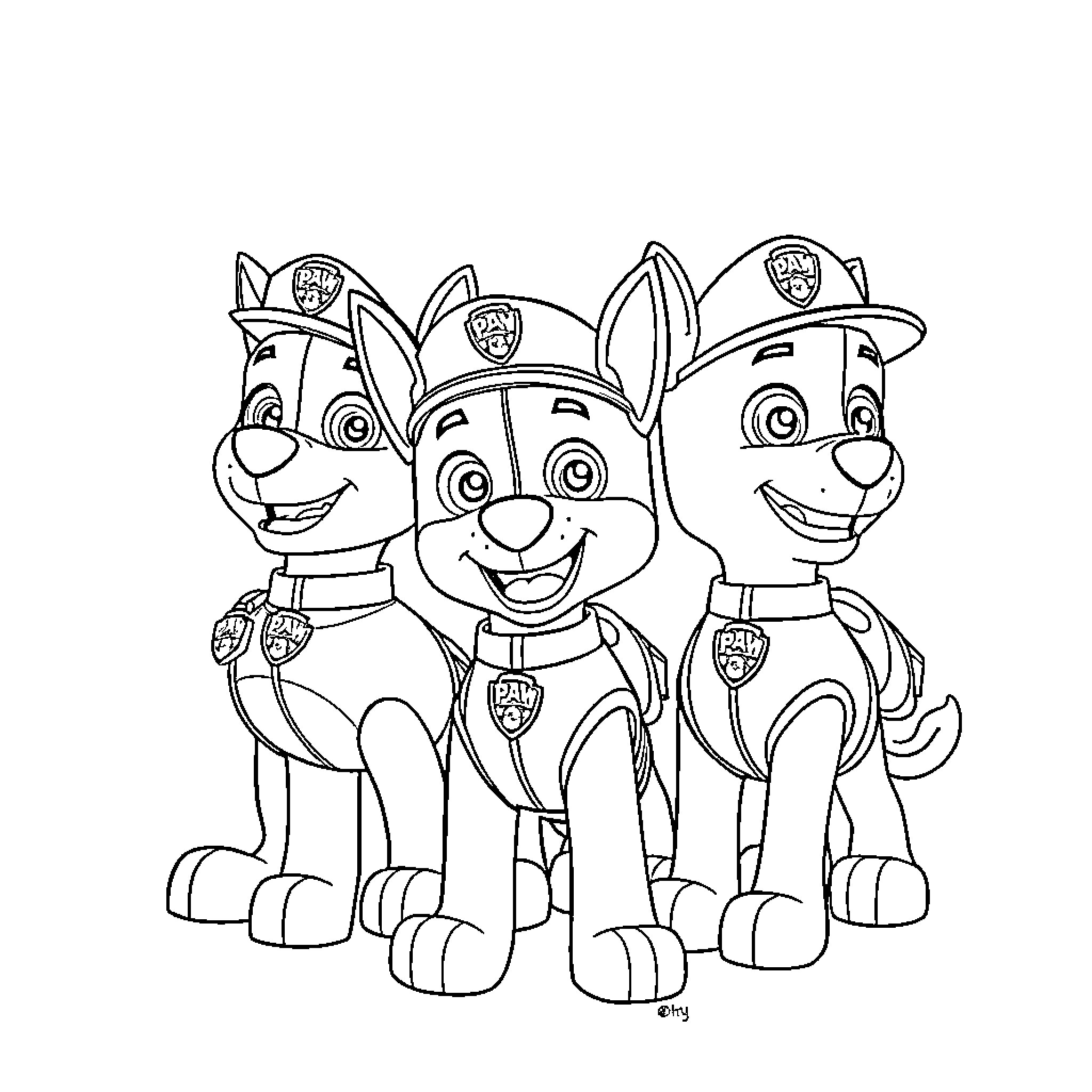 Paw Patrol Trio of Puppy Rescuers Coloring Page (free black-and-white line drawing printable PDF for all, from beginners to advanced learners, including children, teens, adults, and seniors)