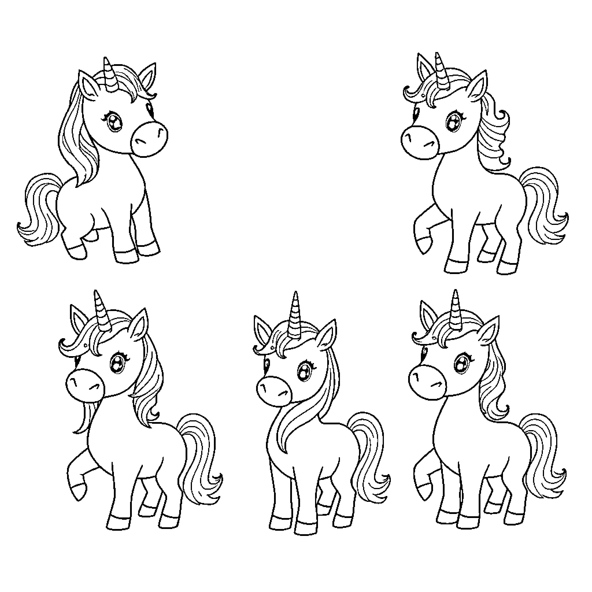 Unicorns displaying various expressions and poses Coloring Page (free black-and-white line drawing printable PDF for all, from beginners to advanced learners, including children, teens, adults, and seniors)