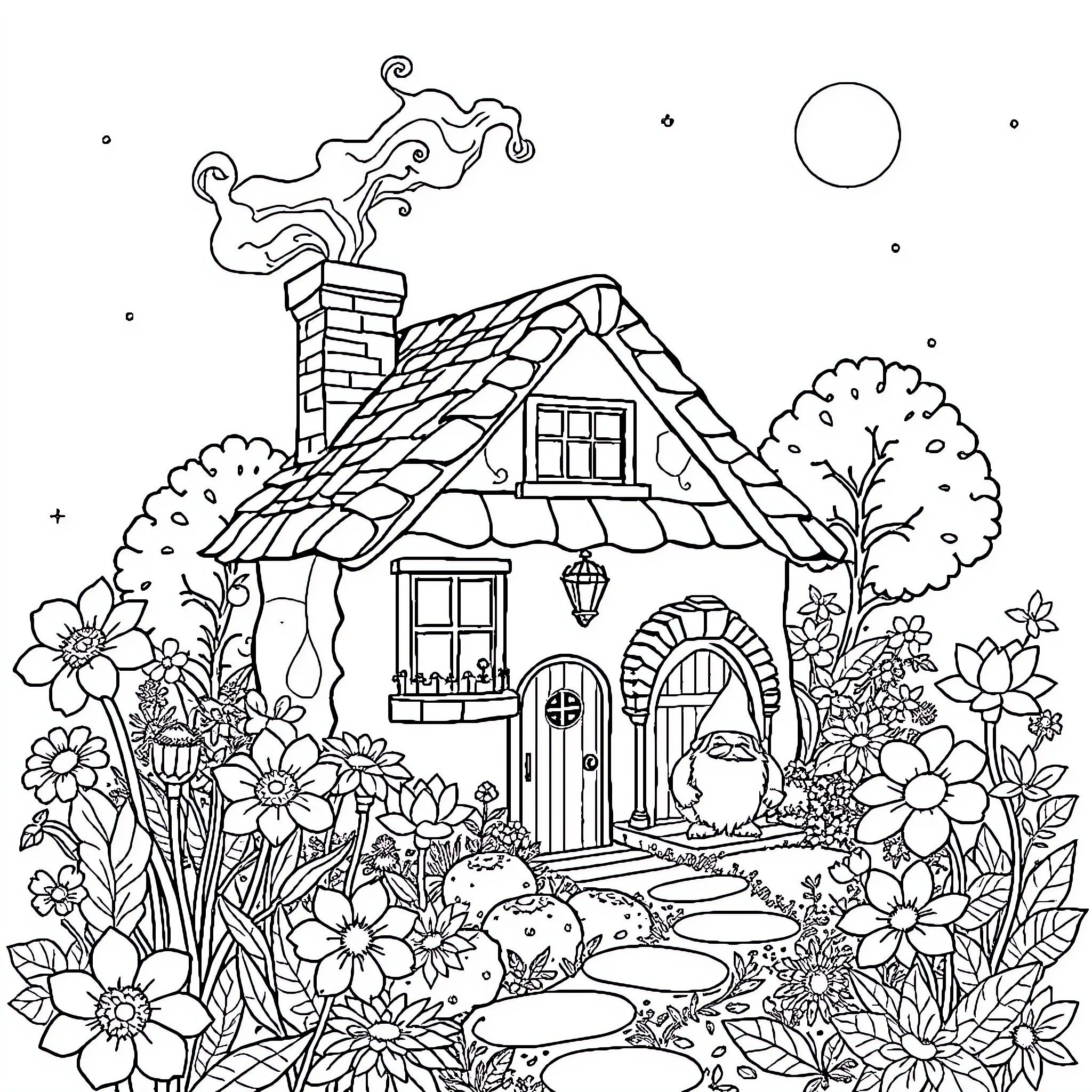 Cottage Surrounded by Whimsical Flowers and Nature Coloring Page (free black-and-white line drawing printable PDF for all, from beginners to advanced learners, including children, teens, adults, and seniors)