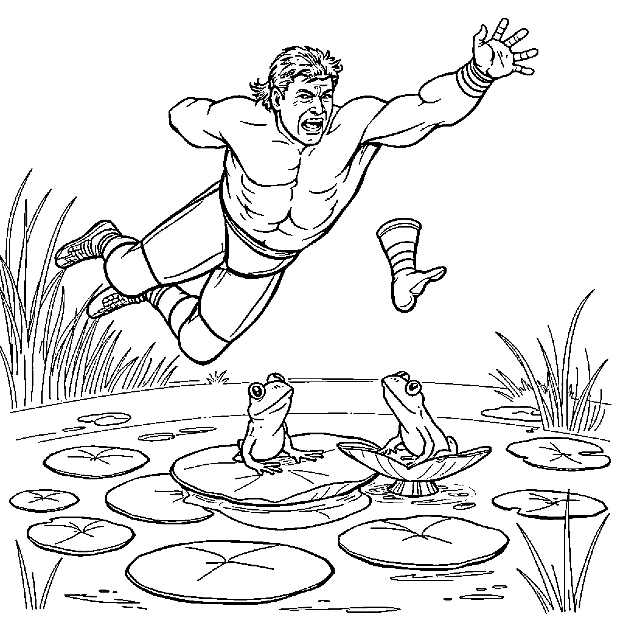 Eddie Guerrero Leaping Over Frogs in Pond Coloring Page (free black-and-white line drawing printable PDF for all, from beginners to advanced learners, including children, teens, adults, and seniors)