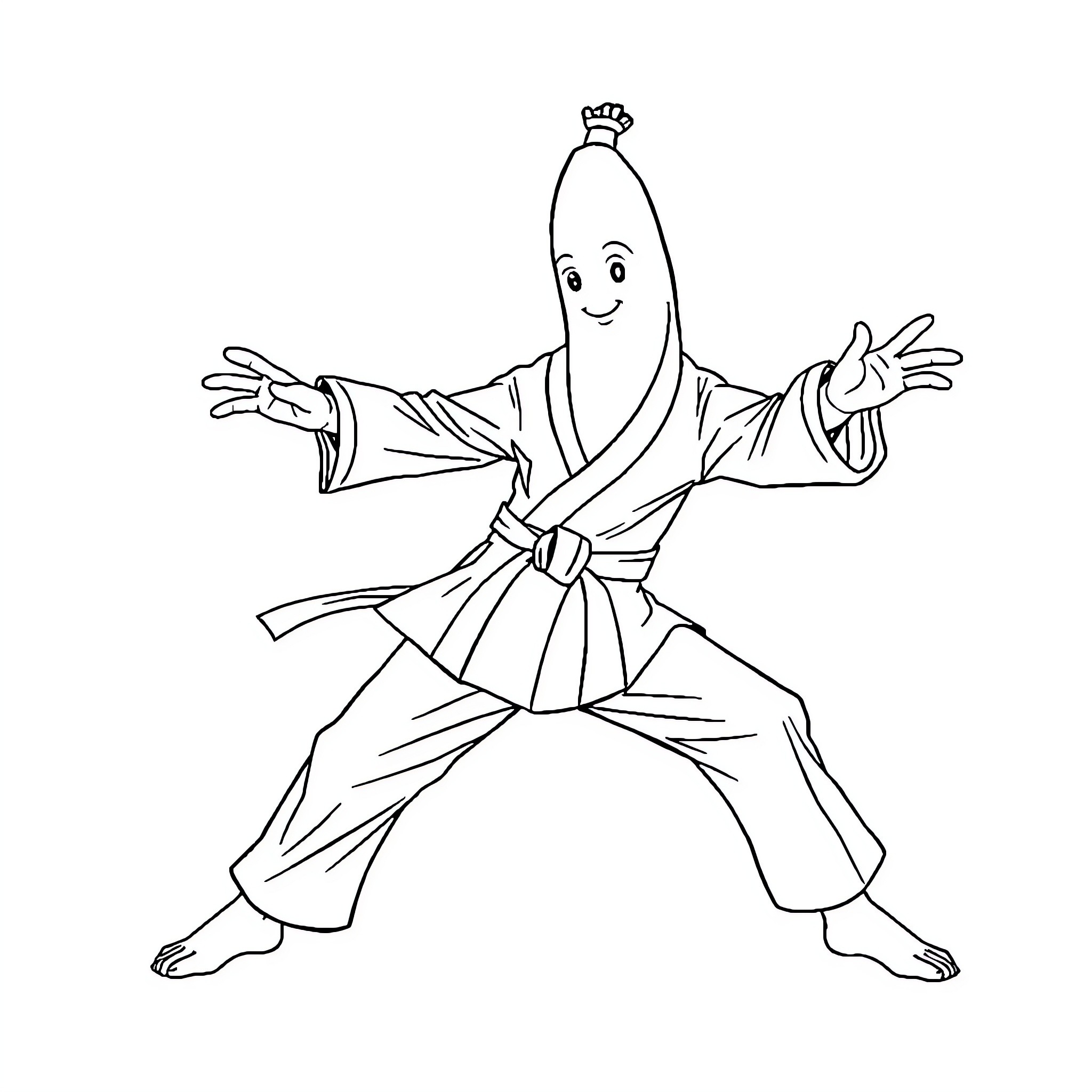 Banana performing martial arts in traditional outfit Coloring Page (free black-and-white line drawing printable PDF for all, from beginners to advanced learners, including children, teens, adults, and seniors)