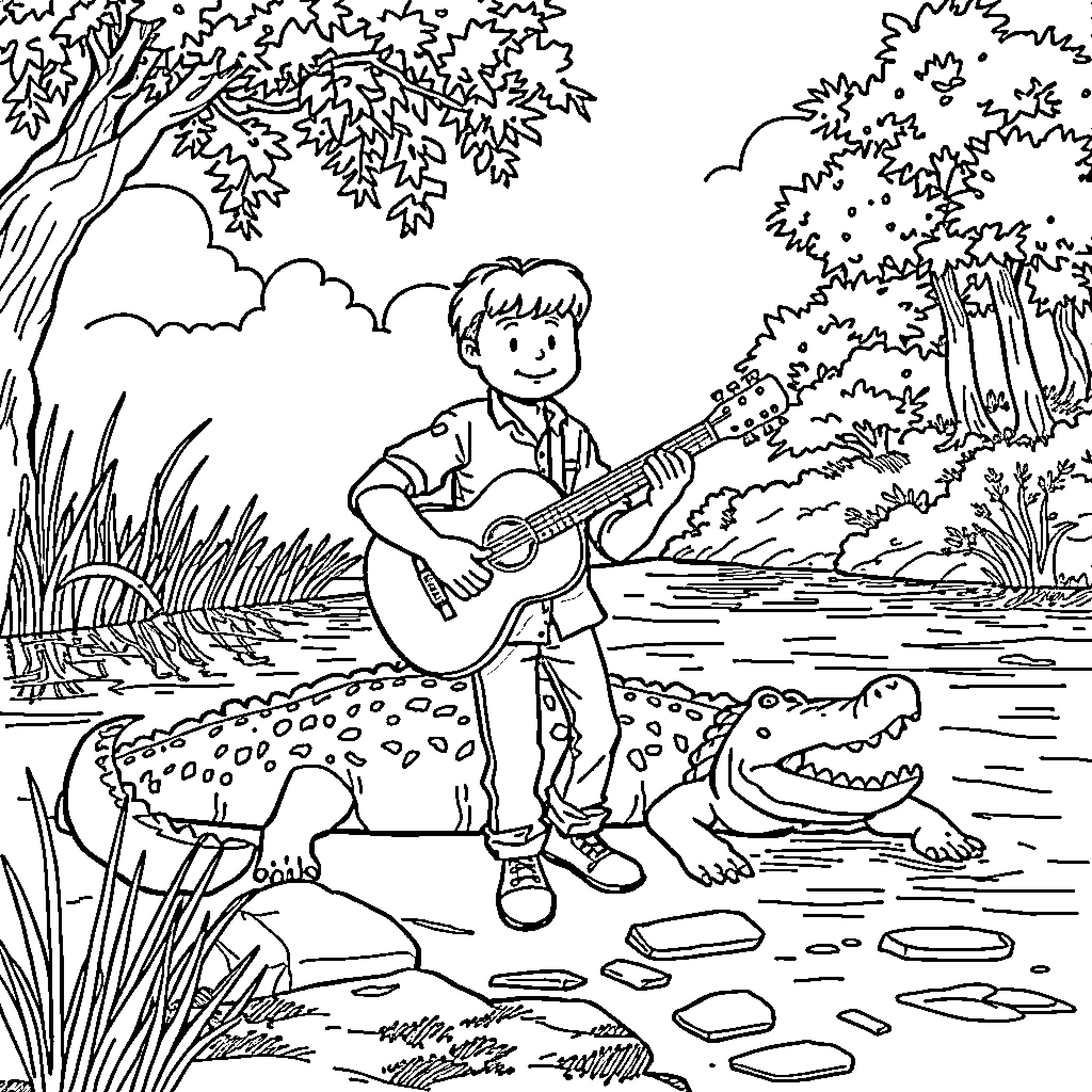 Billy Strings playing guitar by the river Coloring Page (free black-and-white line drawing printable PDF for all, from beginners to advanced learners, including children, teens, adults, and seniors)