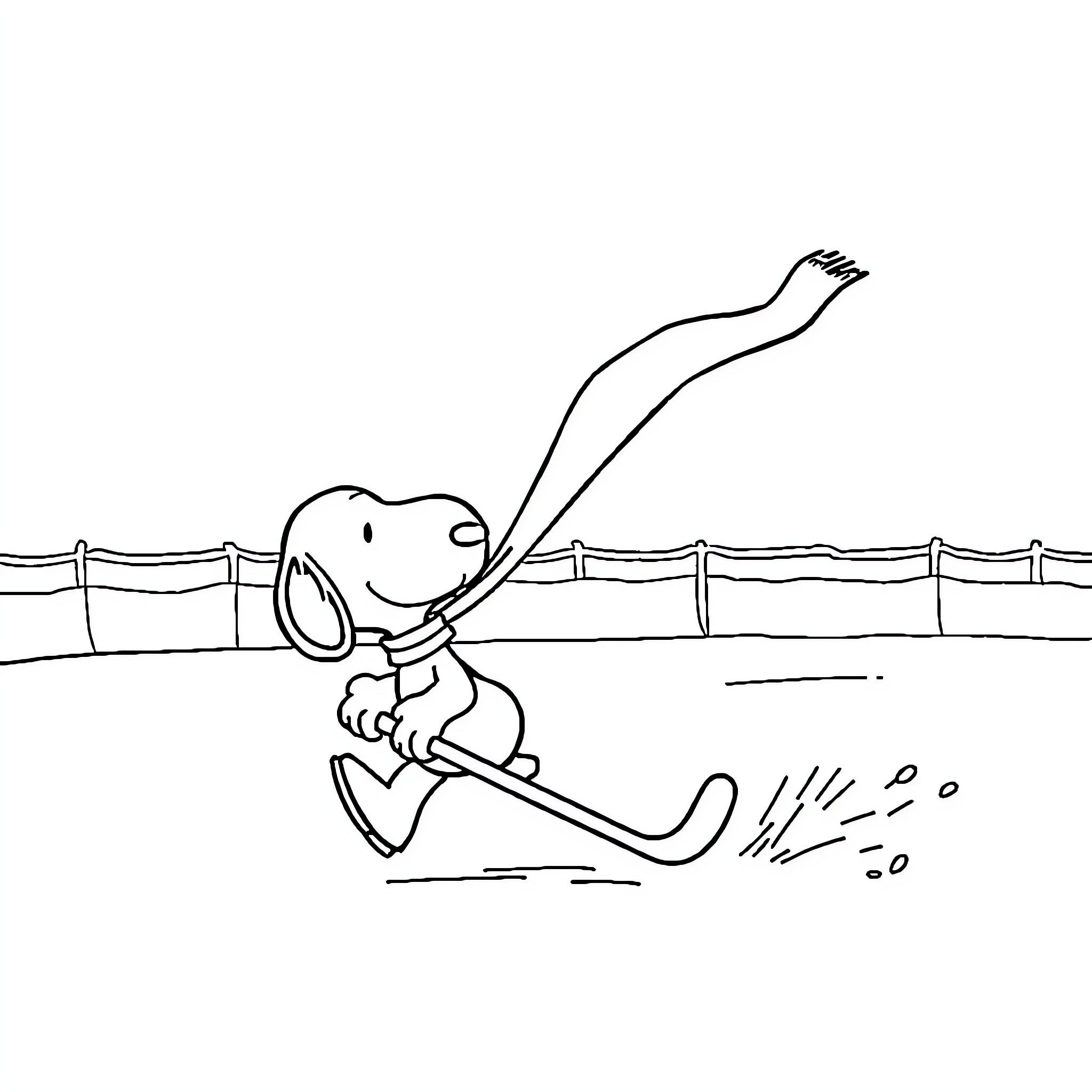 Snoopy enthusiastically ice skating on a frozen pond Coloring Page (free black-and-white line drawing printable PDF for all, from beginners to advanced learners, including children, teens, adults, and seniors)
