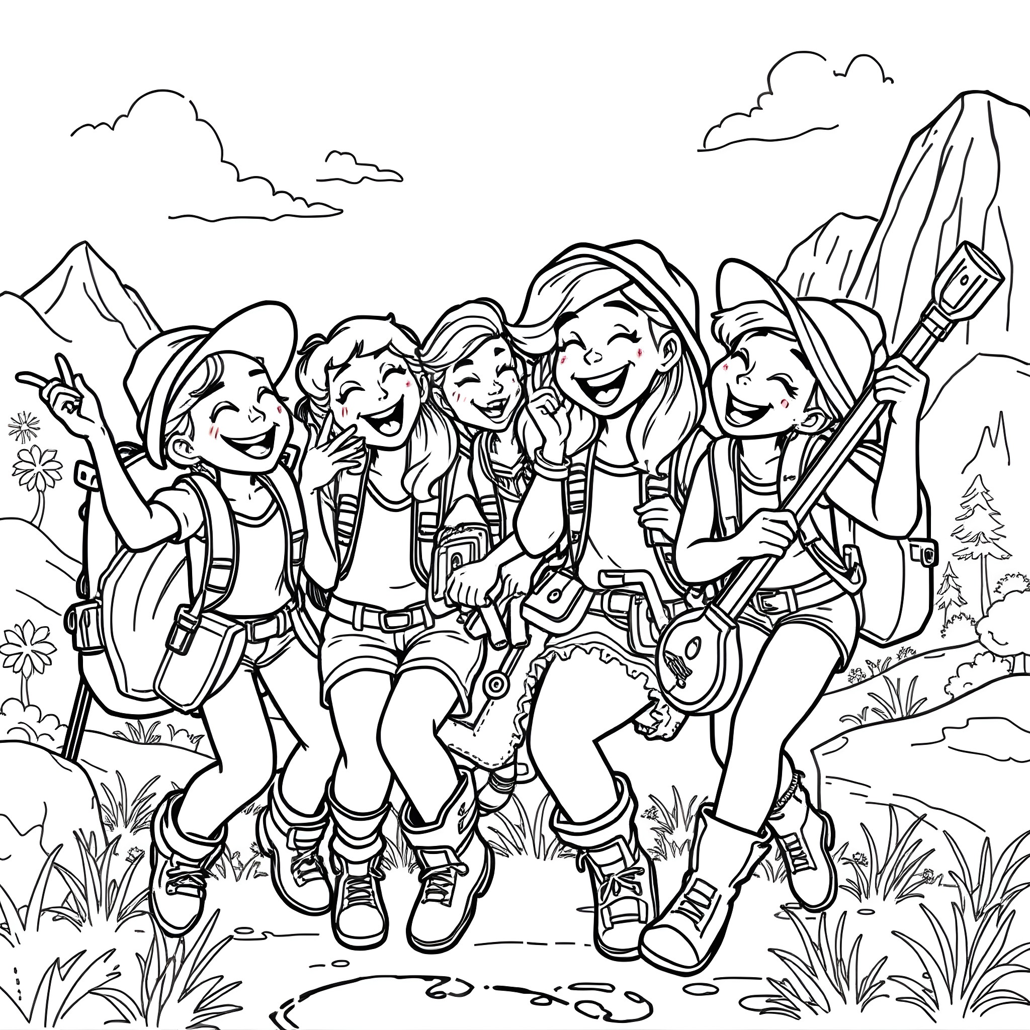 Bonnie Blue Friends on an Adventure Coloring Page (free black-and-white line drawing printable PDF for all, from beginners to advanced learners, including children, teens, adults, and seniors)