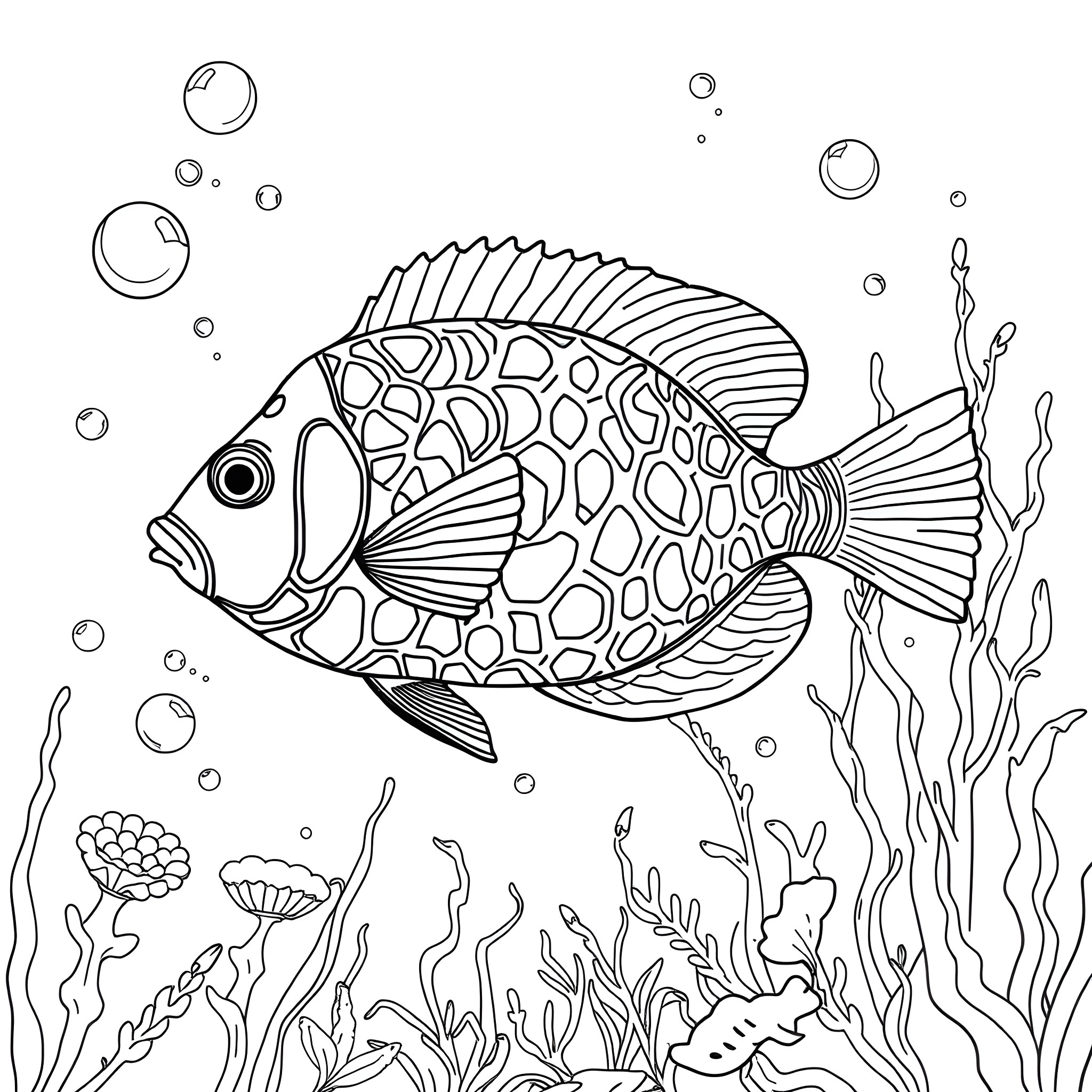 Fish swimming in the underwater garden Coloring Page (free black-and-white line drawing printable PDF for all, from beginners to advanced learners, including children, teens, adults, and seniors)