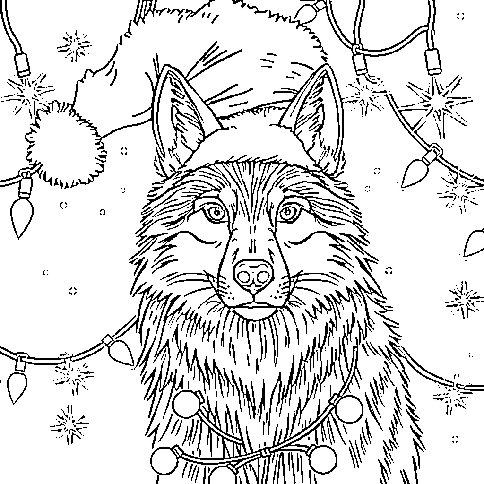 Wolf howling amidst glowing lights and ornaments Coloring Page (free black-and-white line drawing printable PDF for all, from beginners to advanced learners, including children, teens, adults, and seniors)