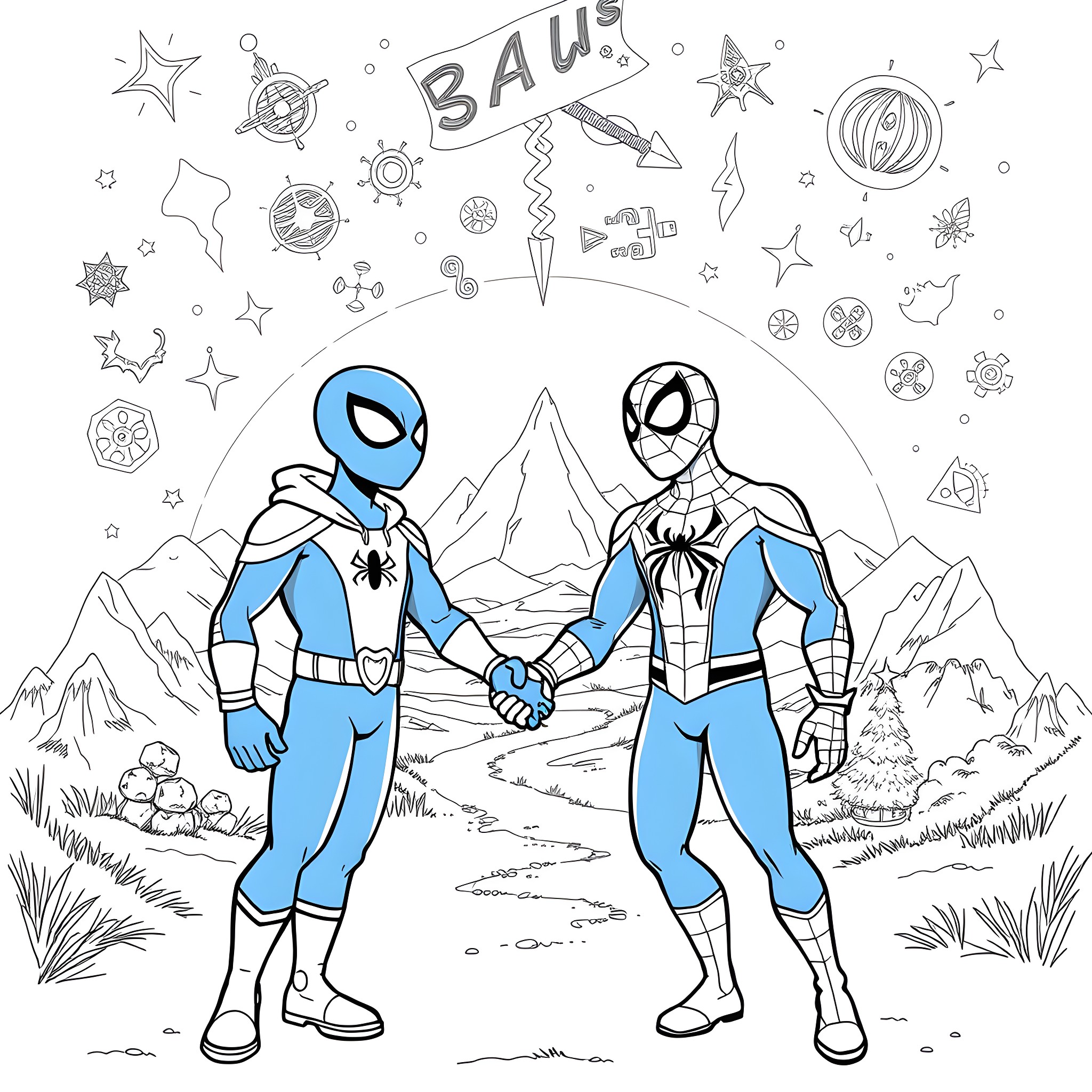 Bluey Superheroes on Adventure in the Mountains Coloring Page (free black-and-white line drawing printable PDF for all, from beginners to advanced learners, including children, teens, adults, and seniors)