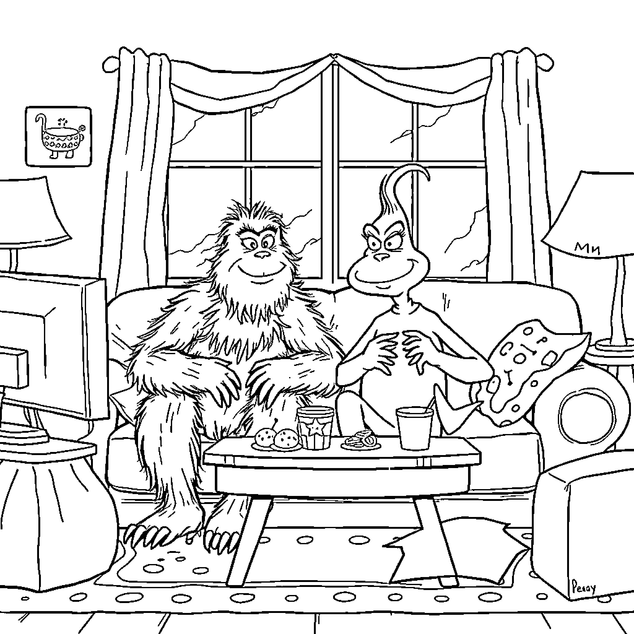 Bigfoot enjoying a cozy evening at home Coloring Page (free black-and-white line drawing printable PDF for all, from beginners to advanced learners, including children, teens, adults, and seniors)