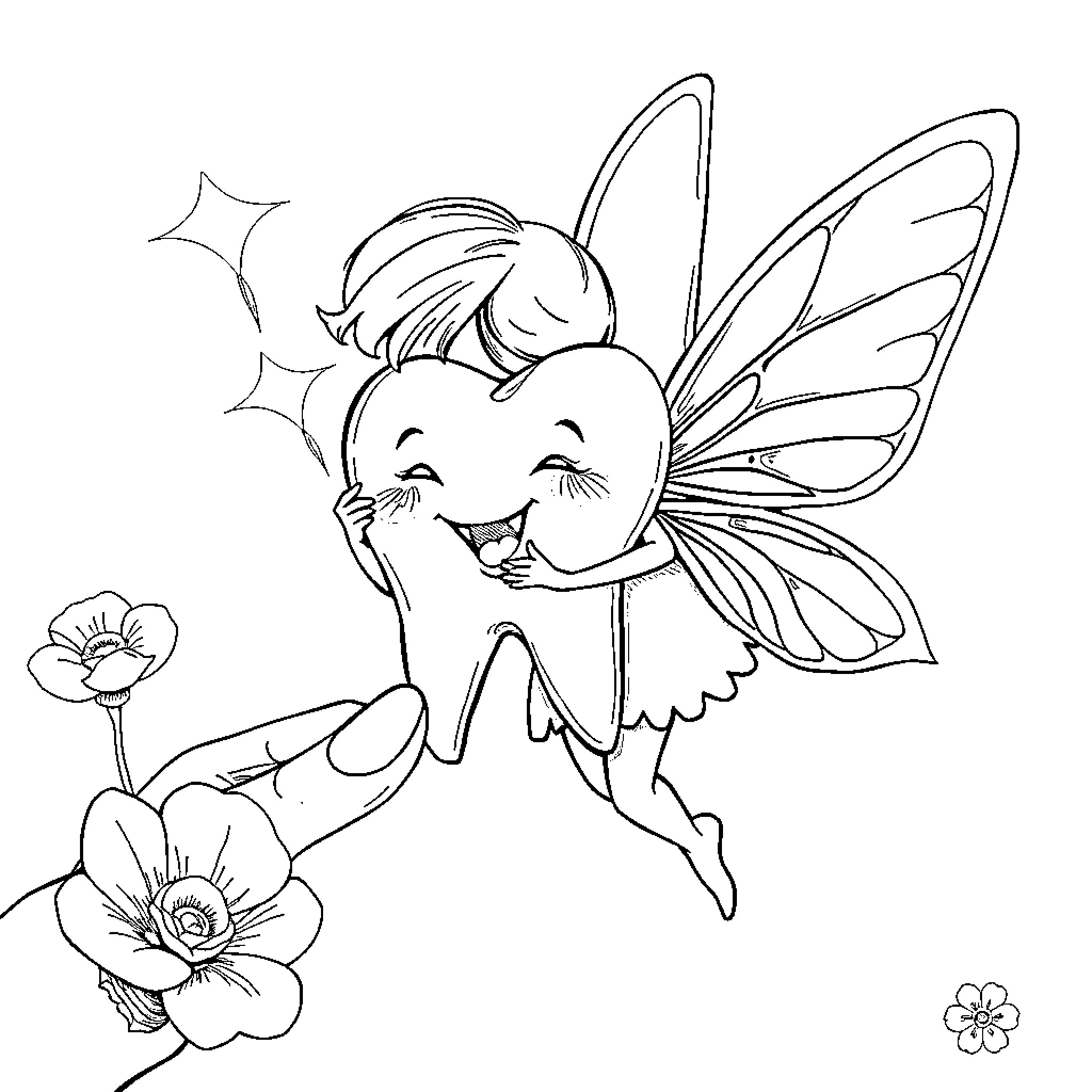 Tooth Fairy flying joyfully with flowers Coloring Page (free black-and-white line drawing printable PDF for all, from beginners to advanced learners, including children, teens, adults, and seniors)