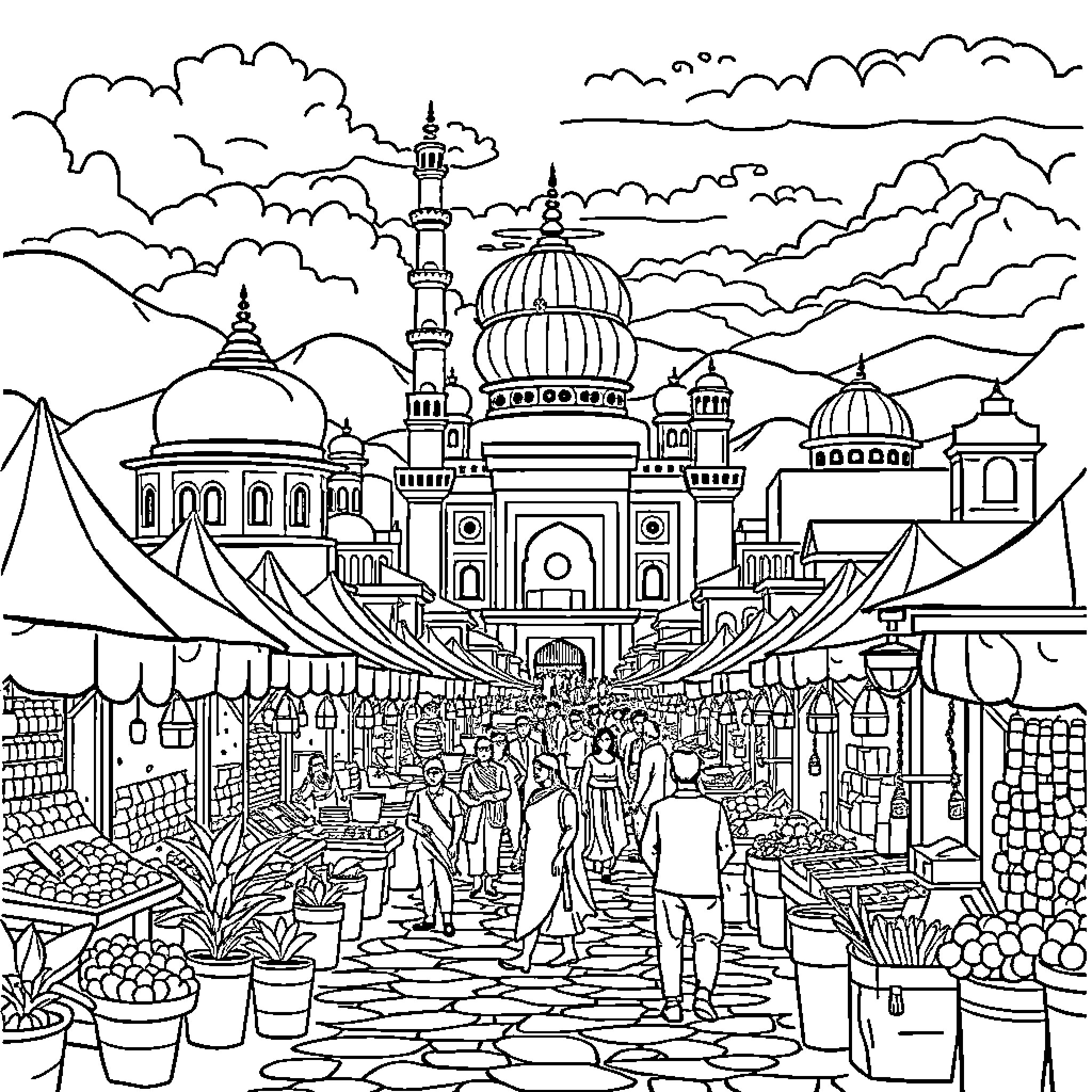 India's Vibrant Marketplace and Iconic Architecture Coloring Page (free black-and-white line drawing printable PDF for all, from beginners to advanced learners, including children, teens, adults, and seniors)