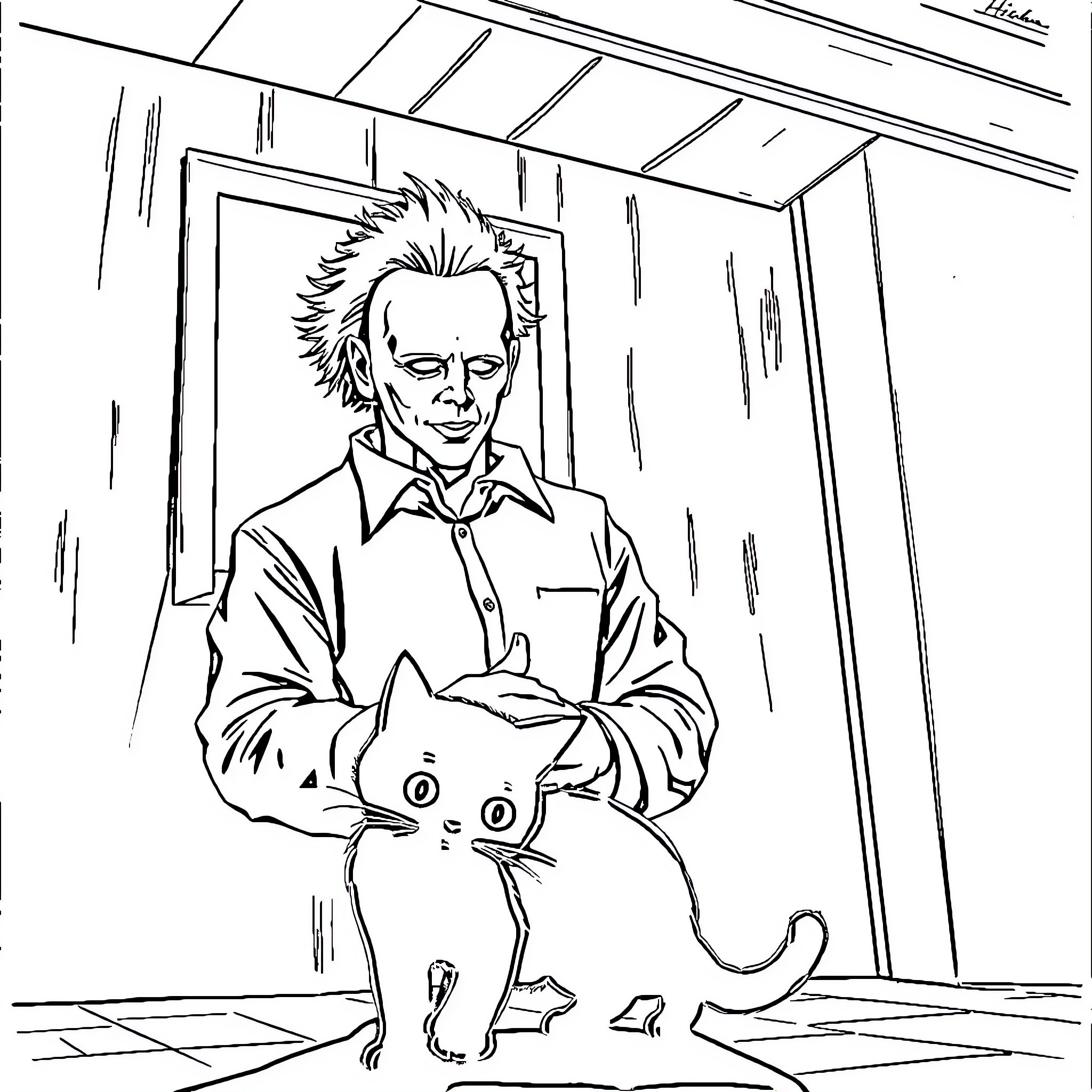 Michael Myers standing menacingly with a black cat Coloring Page (free black-and-white line drawing printable PDF for all, from beginners to advanced learners, including children, teens, adults, and seniors)