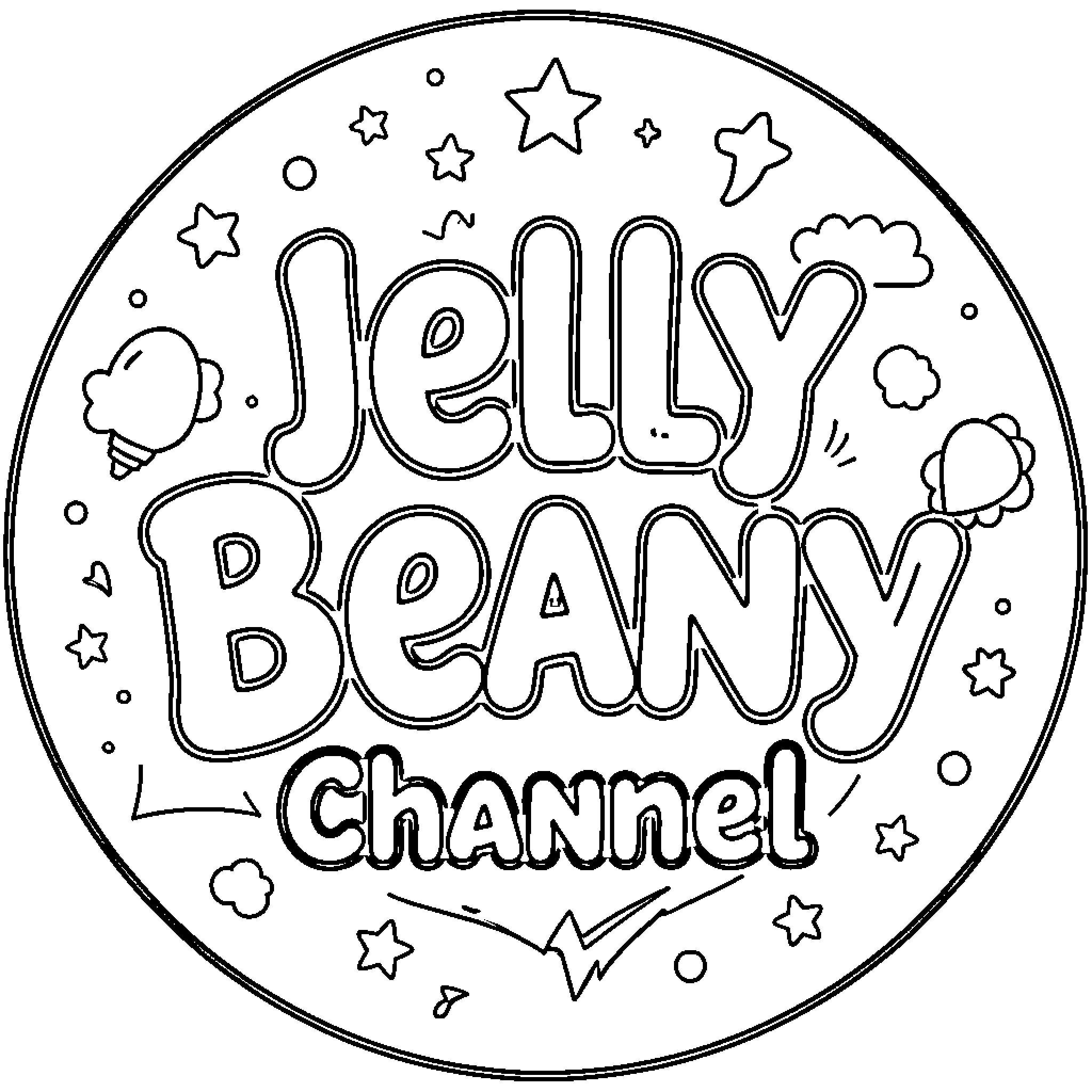 Jelly Beany Channel logo surrounded by whimsical stars and clouds Coloring Page (free black-and-white line drawing printable PDF for all, from beginners to advanced learners, including children, teens, adults, and seniors)