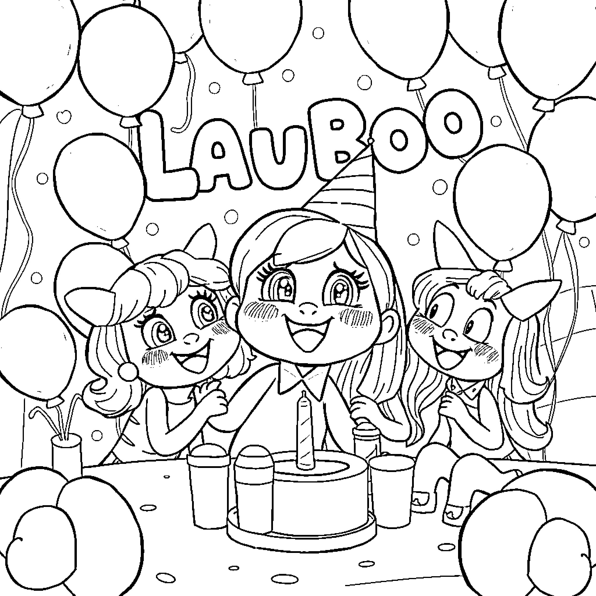 Lauboo: Celebrating with Balloons and Cake Coloring Page (free black-and-white line drawing printable PDF for all, from beginners to advanced learners, including children, teens, adults, and seniors)