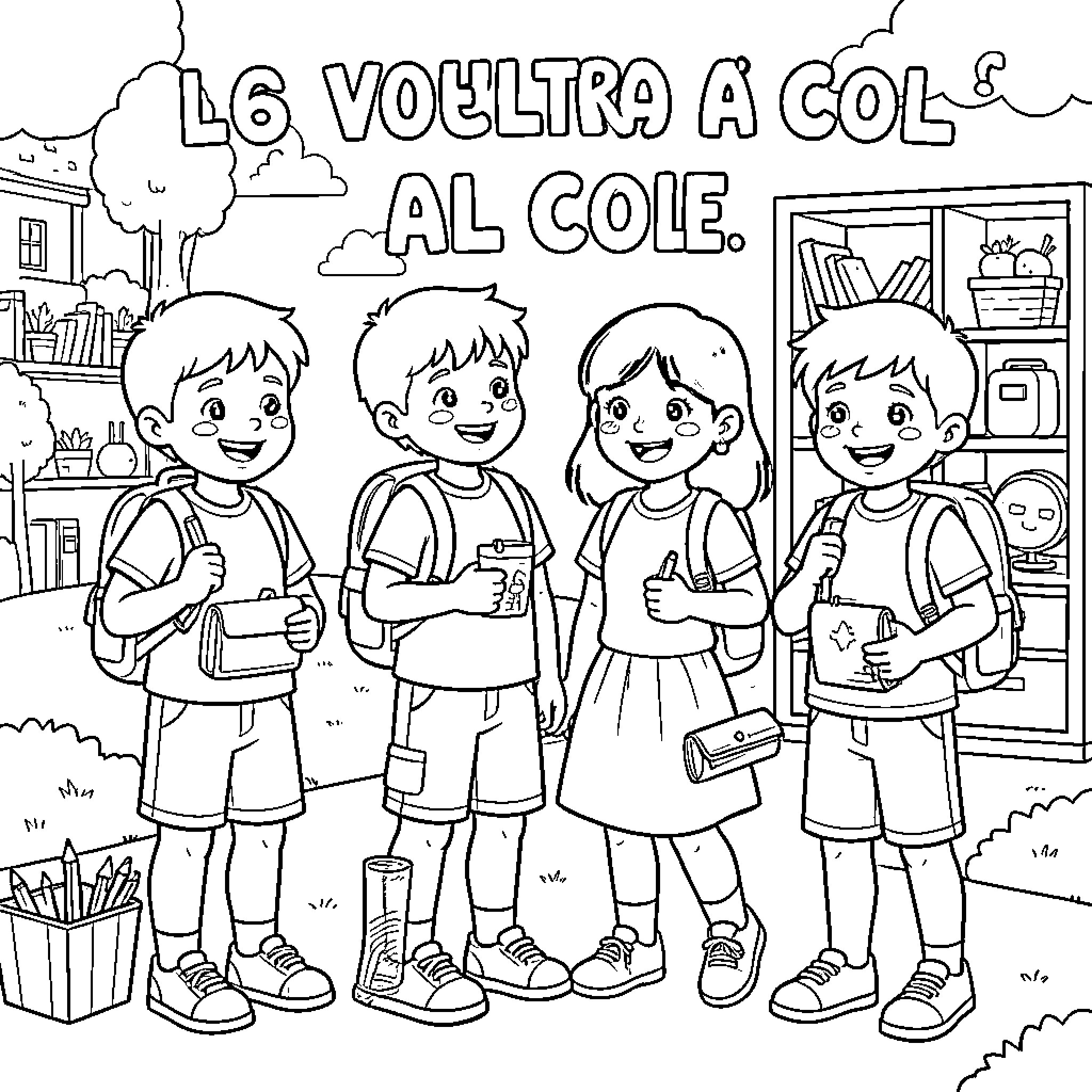 Vuelta al Cole with happy students carrying backpacks Coloring Page (free black-and-white line drawing printable PDF for all, from beginners to advanced learners, including children, teens, adults, and seniors)