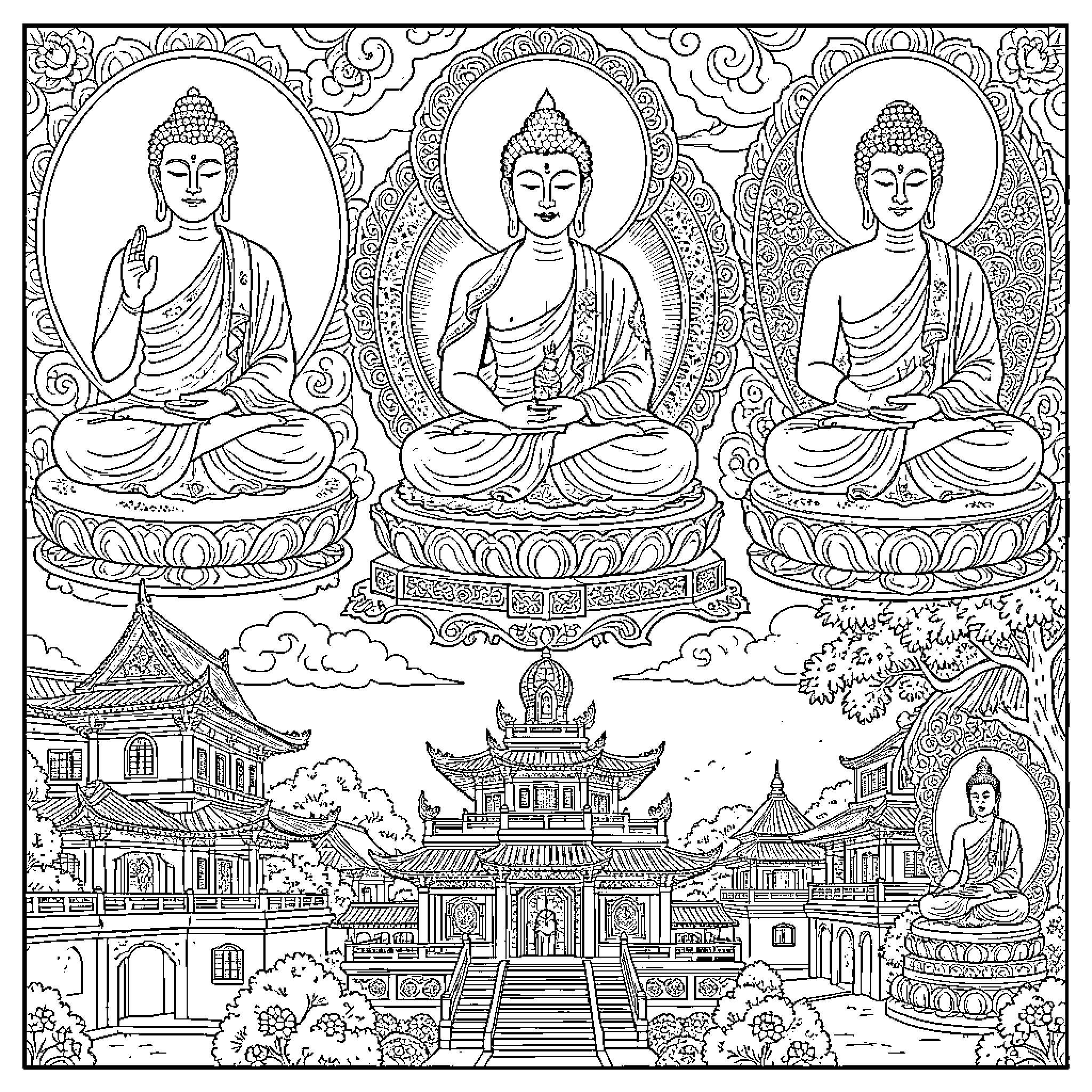 Buddhist Art: Serene Figures and Ornate Temples Coloring Page (free black-and-white line drawing printable PDF for all, from beginners to advanced learners, including children, teens, adults, and seniors)