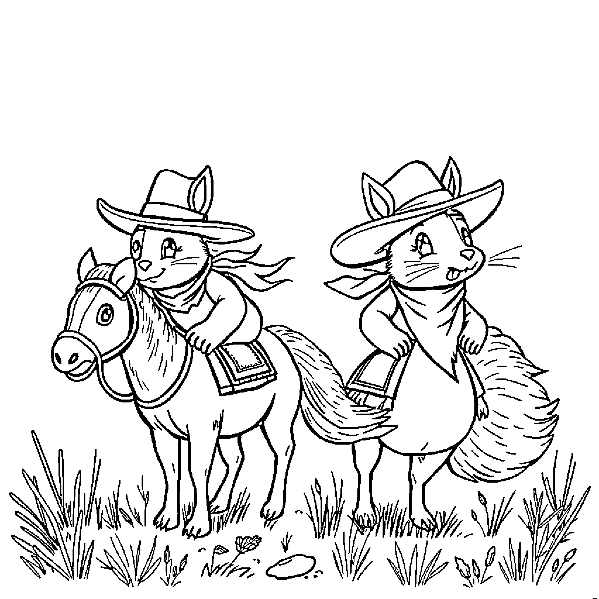 Squirrel cowboys riding horses on the prairie Coloring Page (free black-and-white line drawing printable PDF for all, from beginners to advanced learners, including children, teens, adults, and seniors)