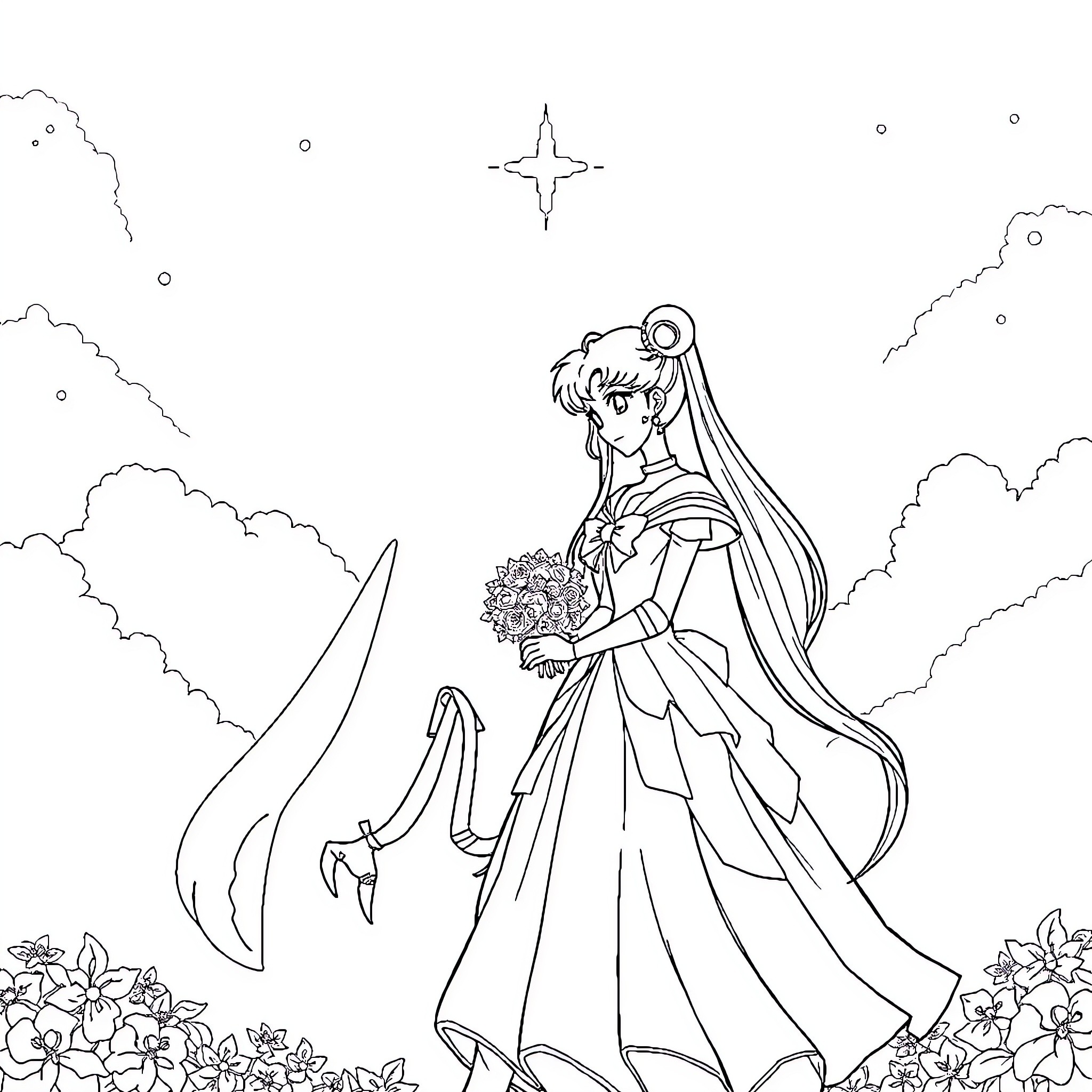 Sailor Moon in a Radiant Wedding Gown Coloring Page (free black-and-white line drawing printable PDF for all, from beginners to advanced learners, including children, teens, adults, and seniors)