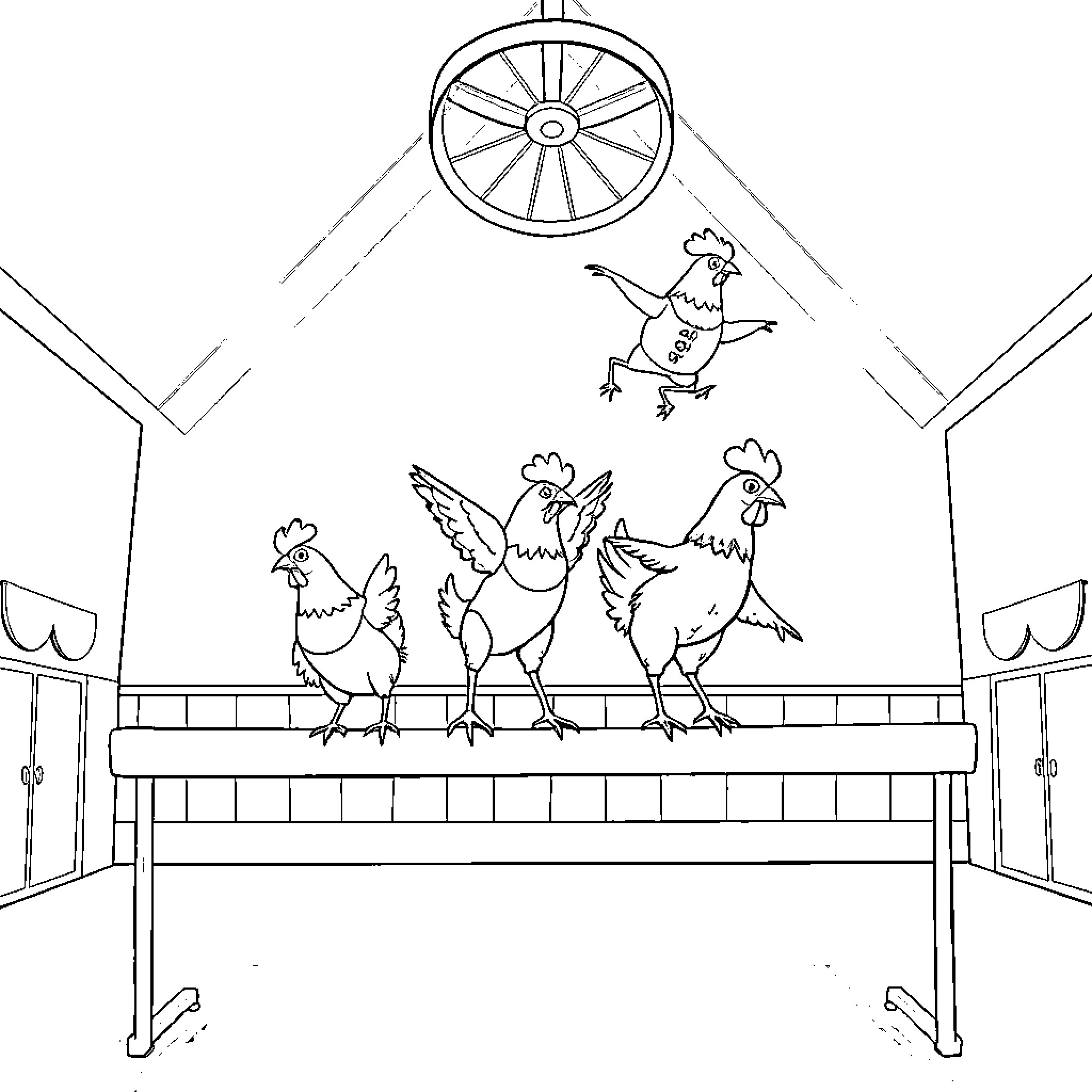Chickens playing and roosting in the barn Coloring Page (free black-and-white line drawing printable PDF for all, from beginners to advanced learners, including children, teens, adults, and seniors)