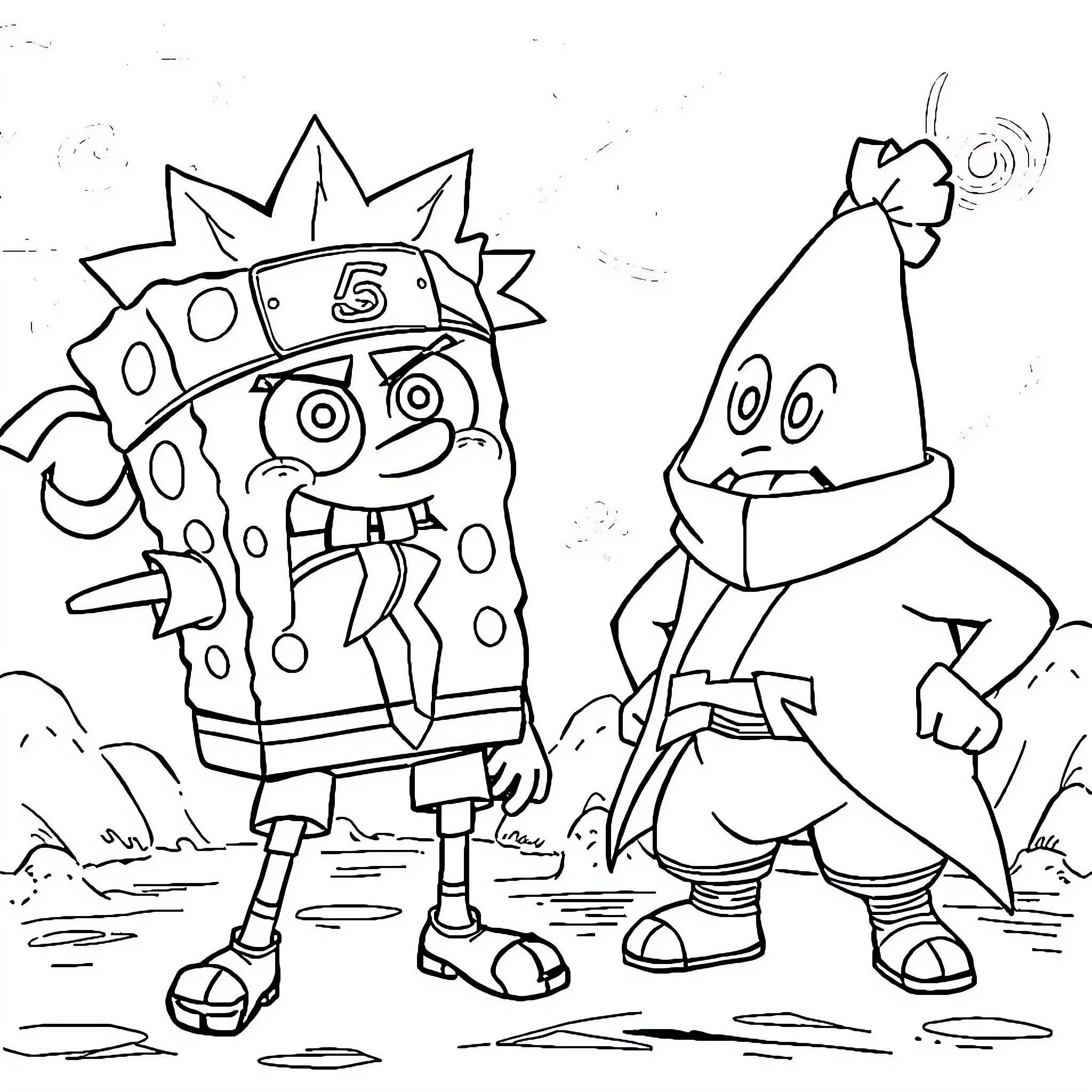 Spongebob and Patrick in a silly adventure Coloring Page (free black-and-white line drawing printable PDF for all, from beginners to advanced learners, including children, teens, adults, and seniors)