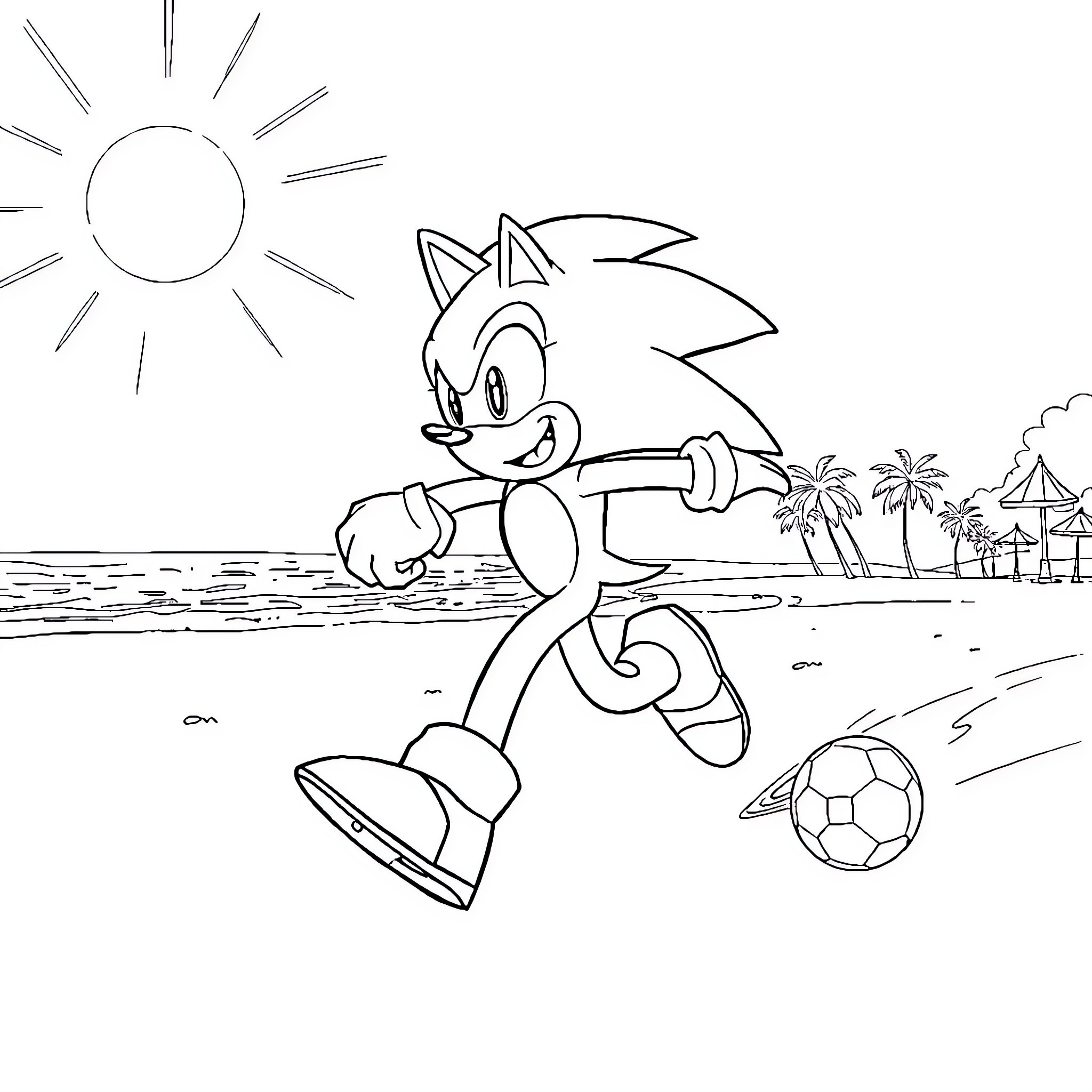 Sonic playing with a soccer ball on the beach Coloring Page (free black-and-white line drawing printable PDF for all, from beginners to advanced learners, including children, teens, adults, and seniors)