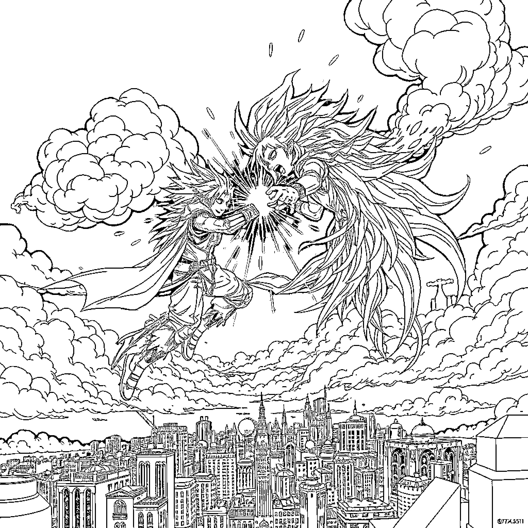 Cloud Monsters Soaring Over Cityscape Coloring Page (free black-and-white line drawing printable PDF for all, from beginners to advanced learners, including children, teens, adults, and seniors)