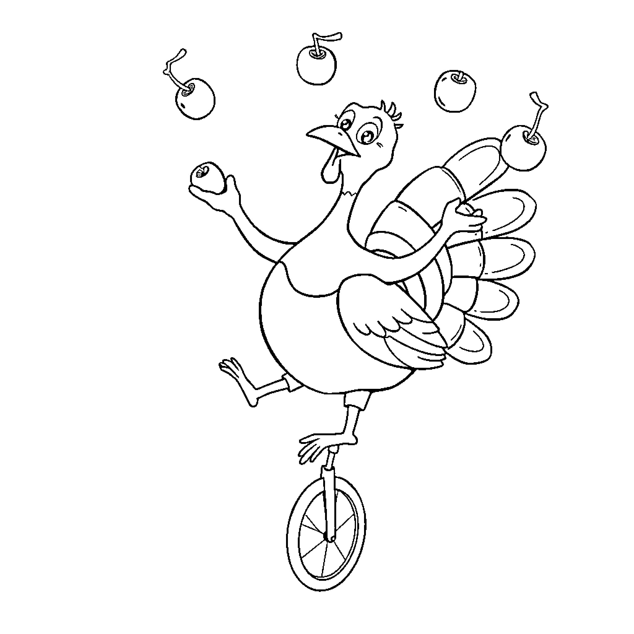 Turkey riding a unicycle and juggling apples Coloring Page (free black-and-white line drawing printable PDF for all, from beginners to advanced learners, including children, teens, adults, and seniors)