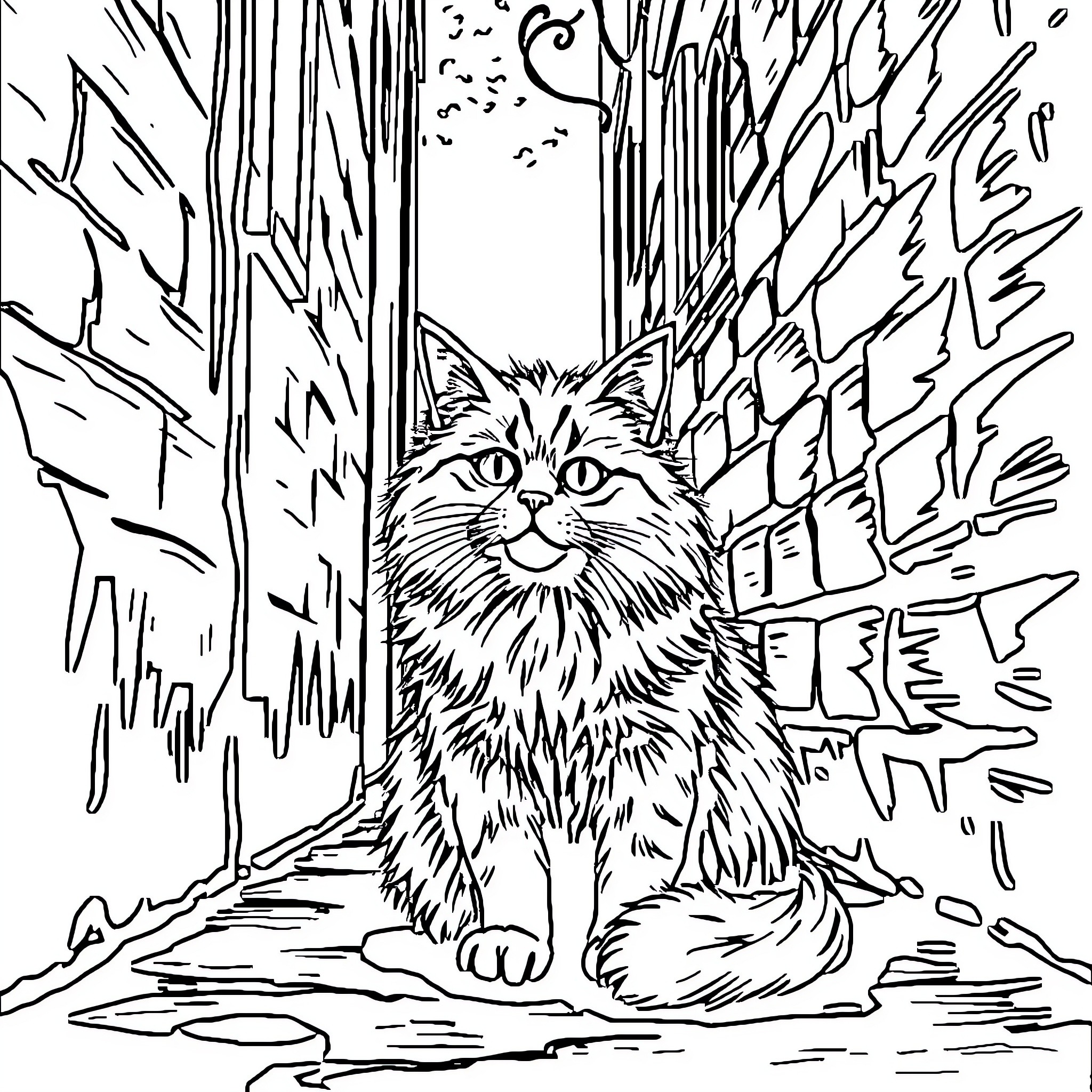 Cat in the Enchanted Forest Coloring Page (free black-and-white line drawing printable PDF for all, from beginners to advanced learners, including children, teens, adults, and seniors)