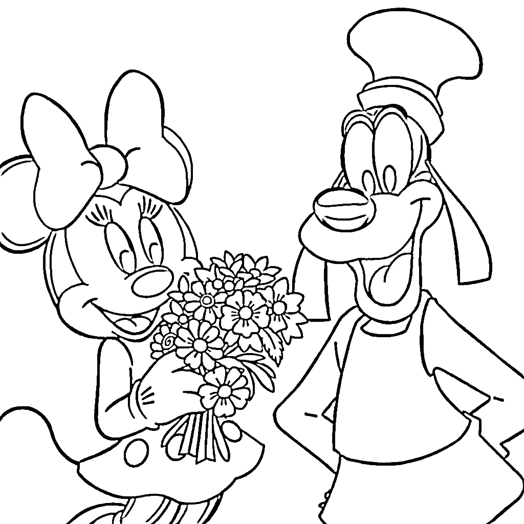 Minnie Mouse and Goofy with floral bouquet Coloring Page (free black-and-white line drawing printable PDF for all, from beginners to advanced learners, including children, teens, adults, and seniors)