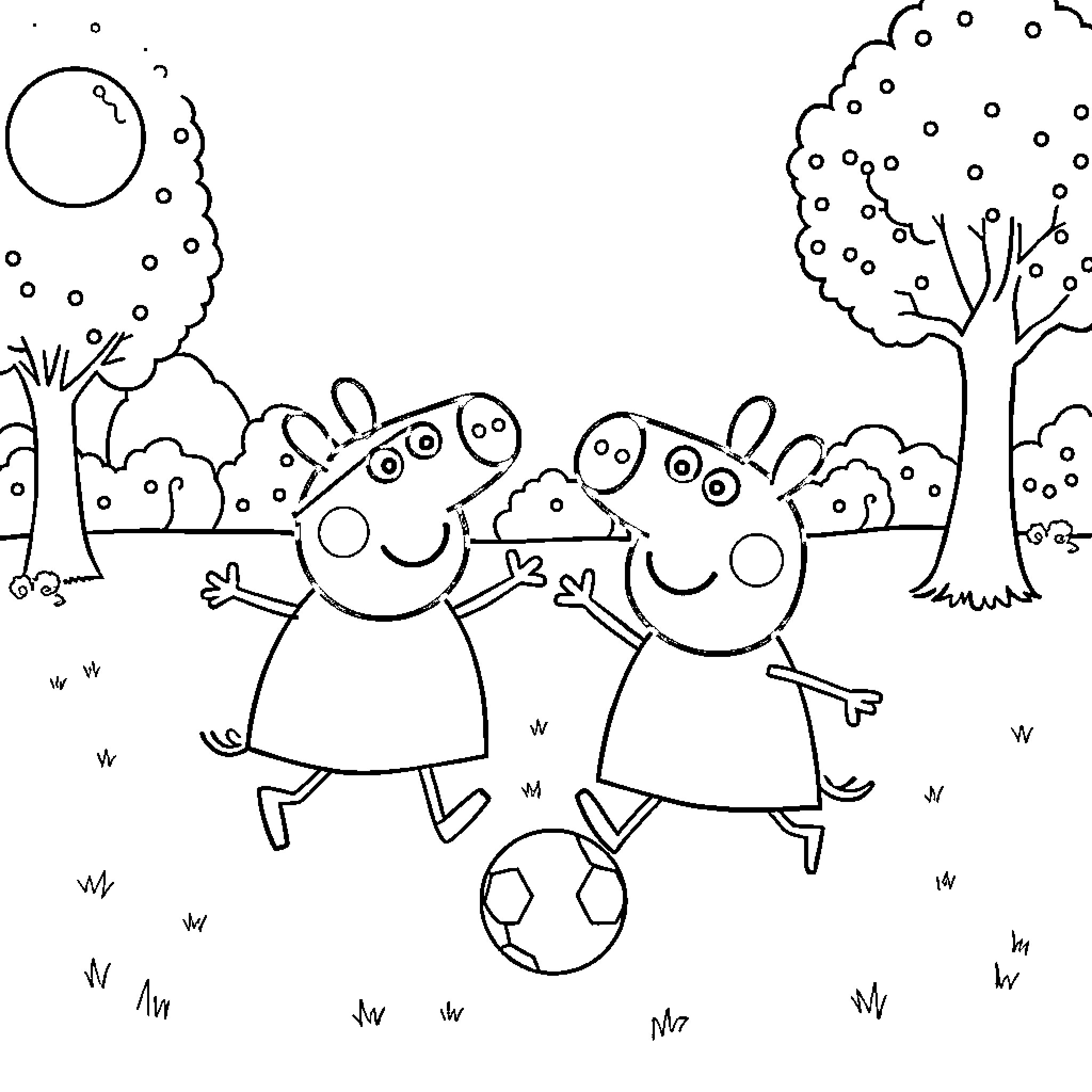Peppa Pig and friends playing soccer outdoors Coloring Page (free black-and-white line drawing printable PDF for all, from beginners to advanced learners, including children, teens, adults, and seniors)