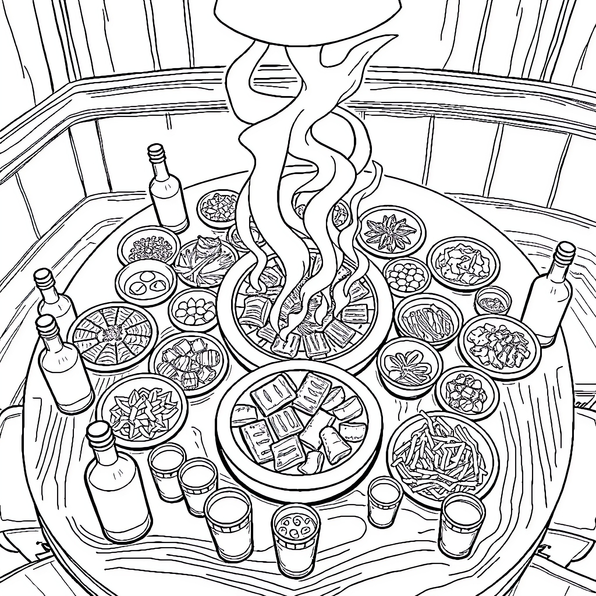 Table filled with various food and drinks Coloring Page (free black-and-white line drawing printable PDF for all, from beginners to advanced learners, including children, teens, adults, and seniors)