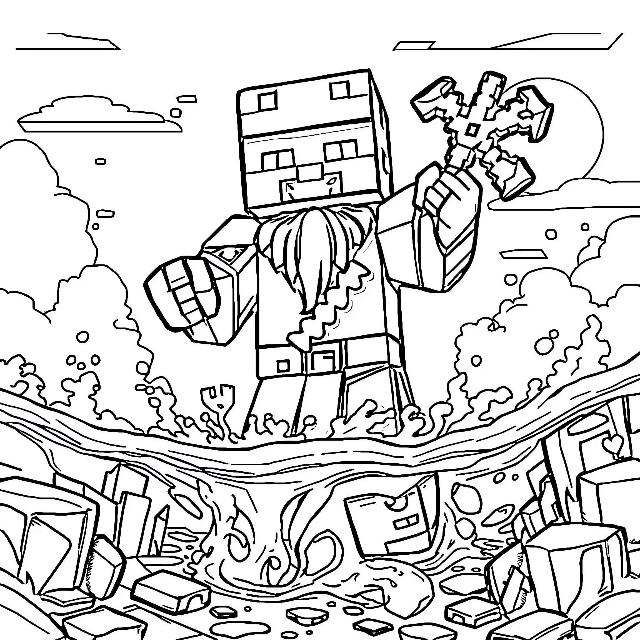 Warden battling in a chaotic landscape Coloring Page (free black-and-white line drawing printable PDF for all, from beginners to advanced learners, including children, teens, adults, and seniors)