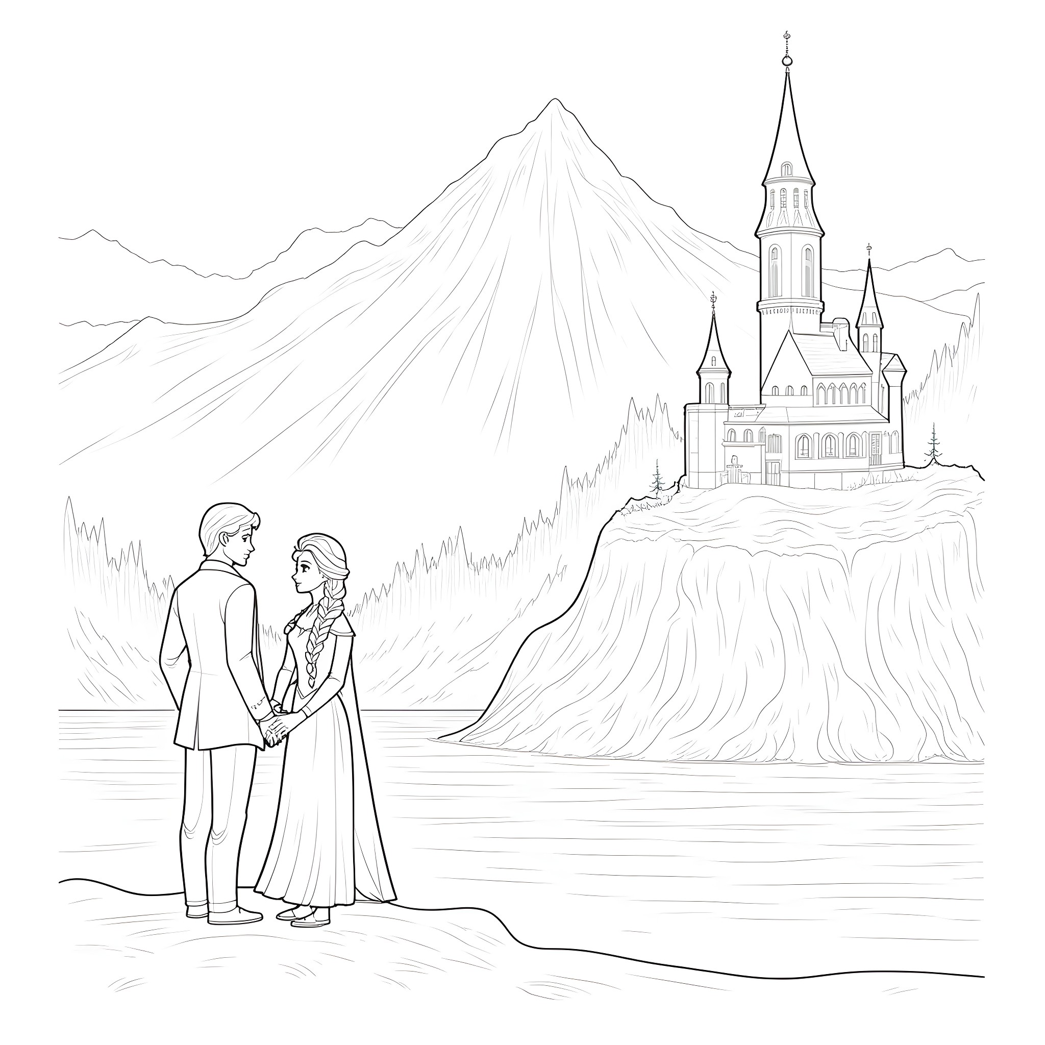 Elsa and her prince in a snowy castle landscape Coloring Page (free black-and-white line drawing printable PDF for all, from beginners to advanced learners, including children, teens, adults, and seniors)