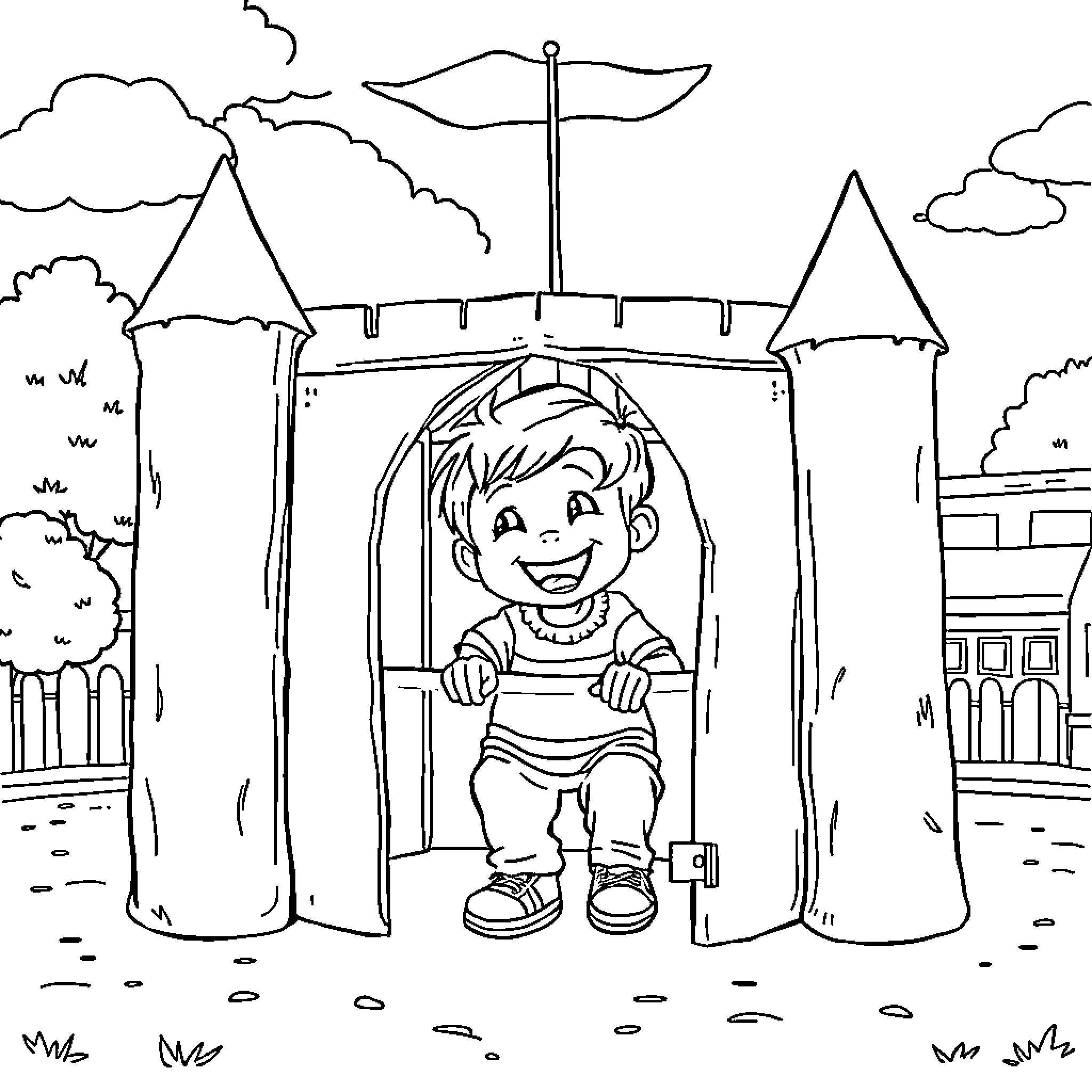 Kid playing happily at the castle playground Coloring Page (free black-and-white line drawing printable PDF for all, from beginners to advanced learners, including children, teens, adults, and seniors)