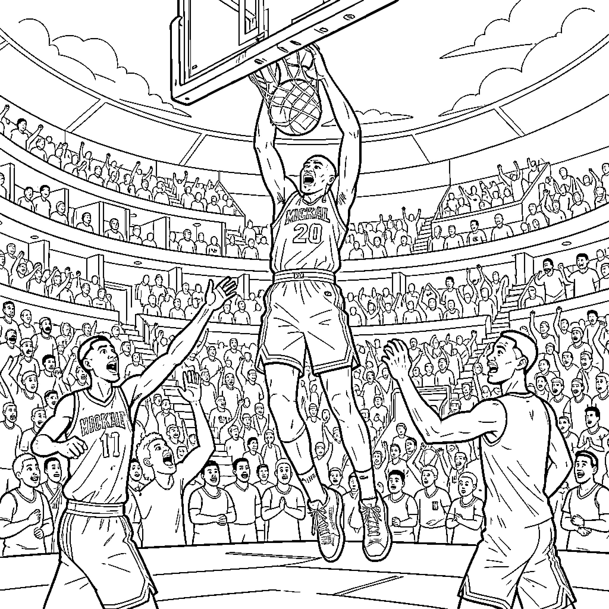 Mickael Jordan performing a powerful slam dunk in a stadium Coloring Page (free black-and-white line drawing printable PDF for all, from beginners to advanced learners, including children, teens, adults, and seniors)